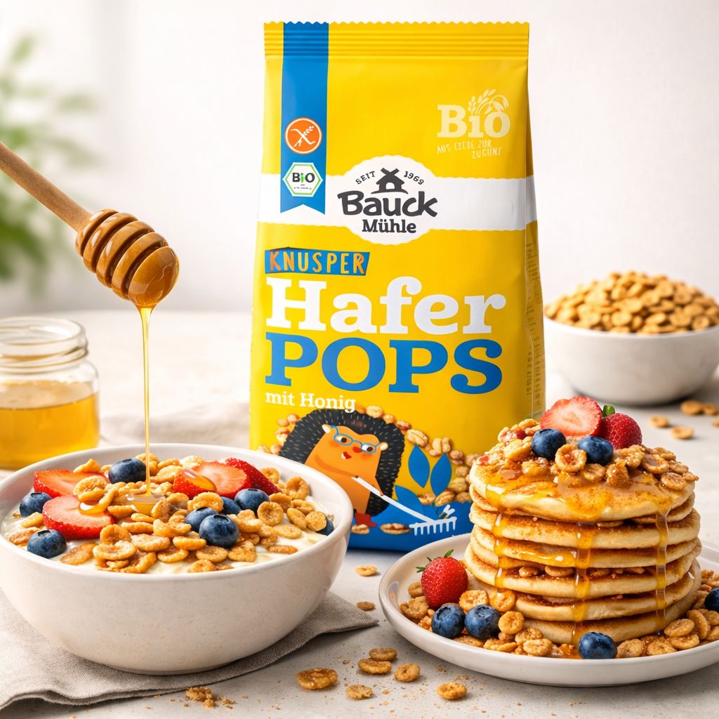 Bauckhof Haferpops mit Honig glutenfrei: Schüssel mit Müsli, Beeren, Honig, Haferflocken-Packung und Pfannkuchen.