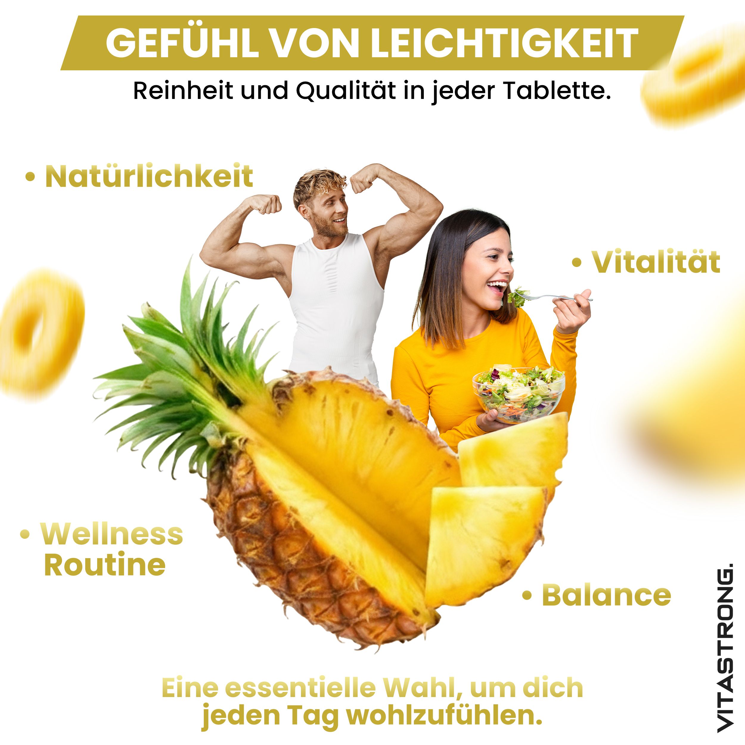 Ein Mann und eine Frau lächeln, umgeben von Ananasstücken und Salat. "Gefühl von Leichtigkeit" steht oben.
