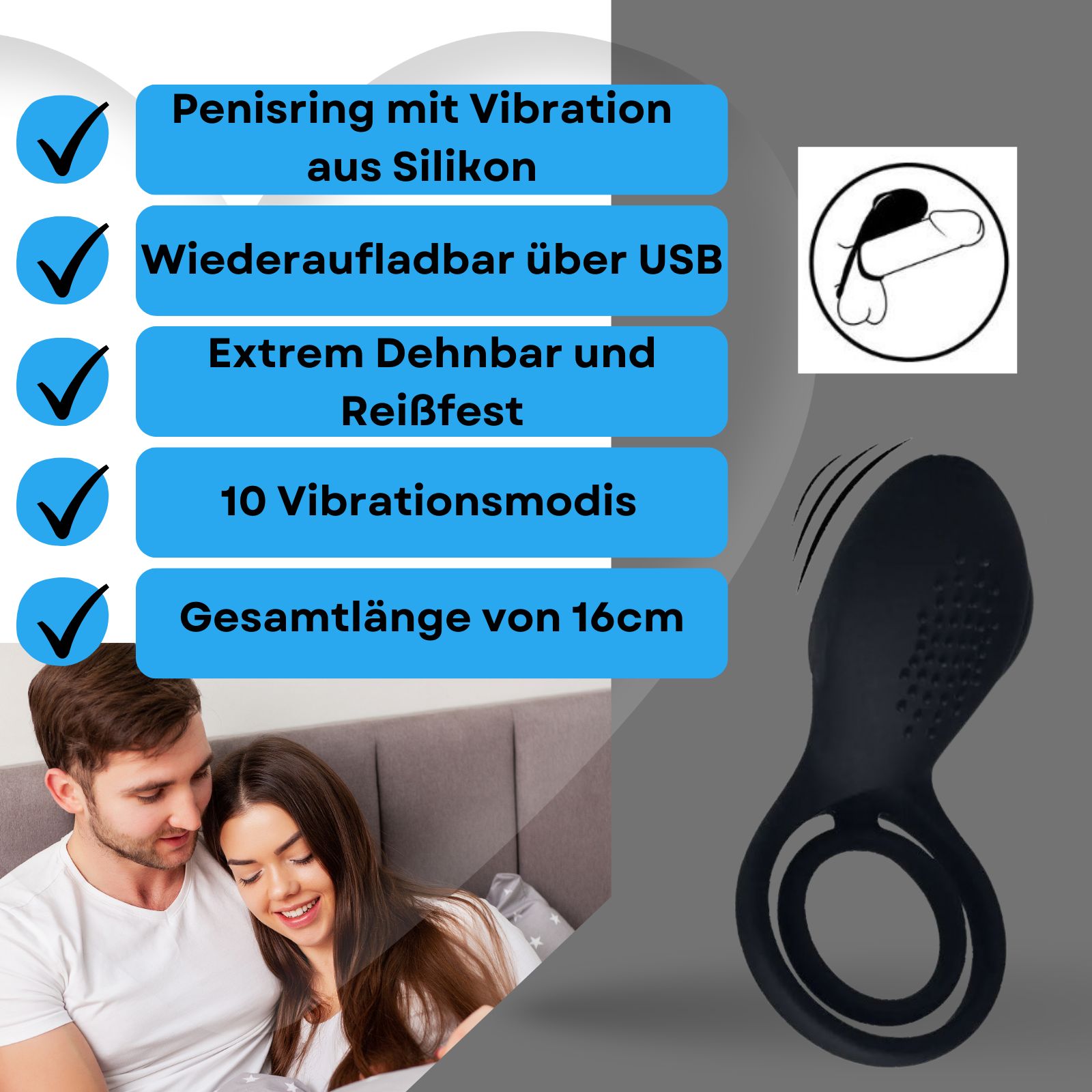 Schwarzer Penisring mit Vibration, neben Text: 'Penisring mit Vibration aus Silikon', 'Wiederaufladbar über USB', '16cm'.