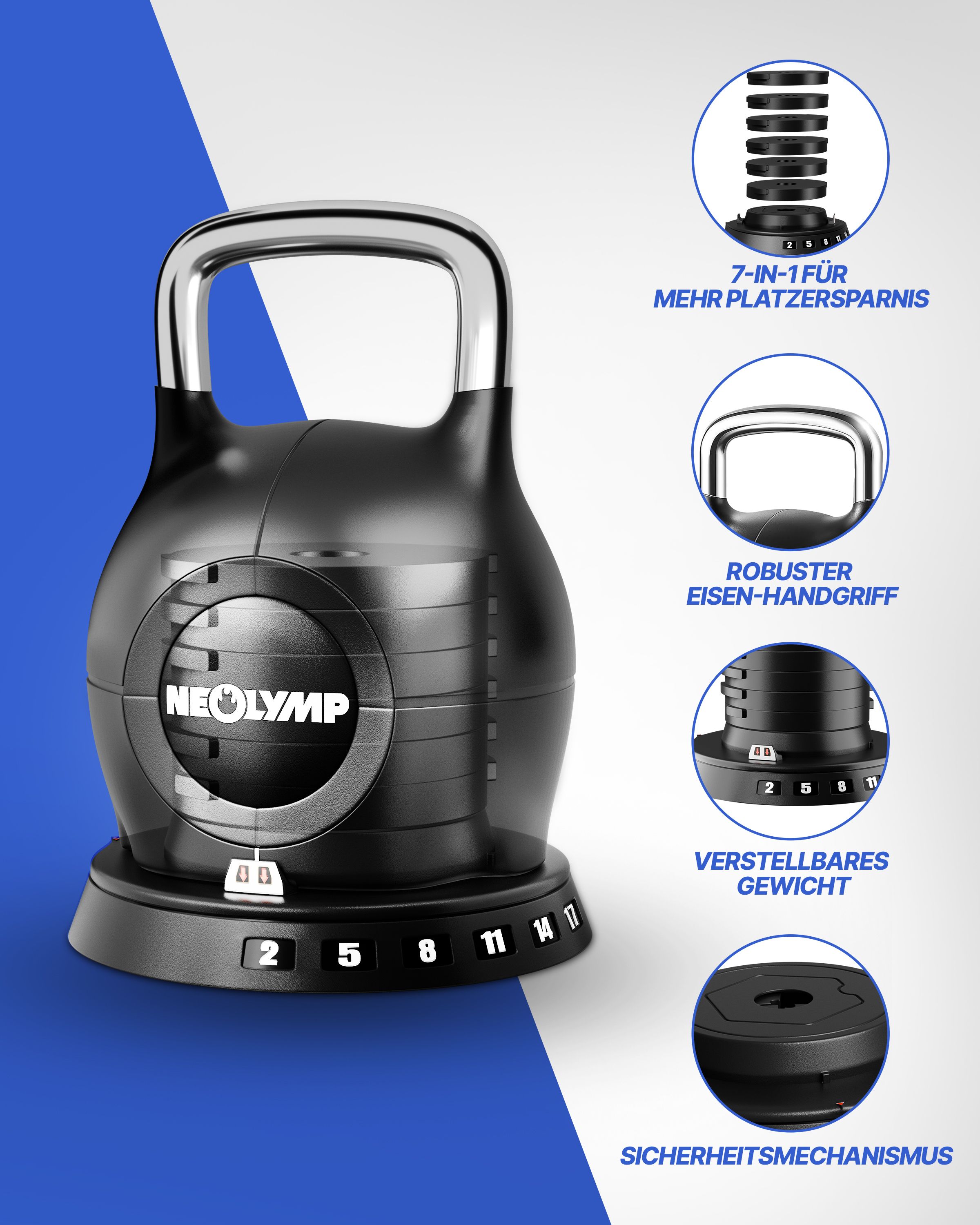 Schwarze Kettlebell mit verstellbarem Gewicht. Details: Eisen-Handgriff, verstellbares Gewicht, Sicherheitsmechanismus. Marke NEOLYMP sichtbar.