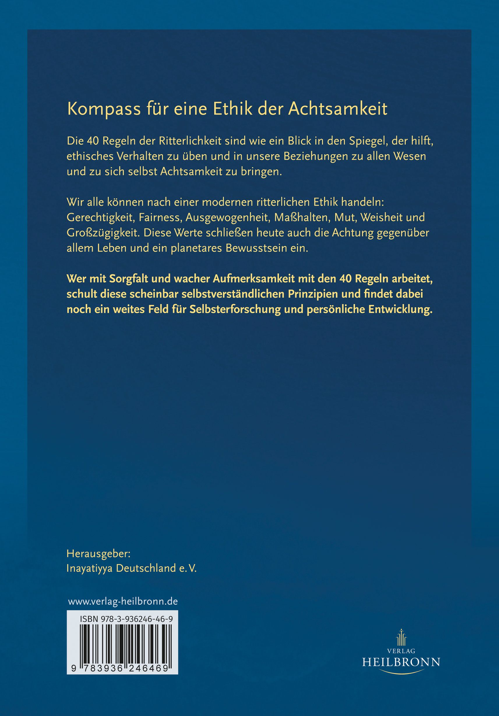 Buchrücken mit Text. Titel: "Kompass für eine Ethik der Achtsamkeit". Verlag Heilbronn. ISBN-Code und Barcode.