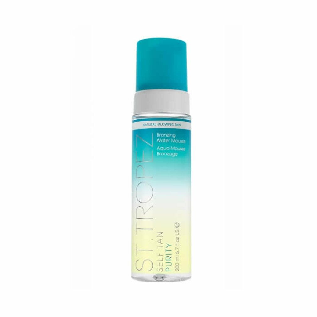St. Tropez Bronzing Water Mousse Flasche. Türkis-weißer Deckel, transparente Flasche. Text: SELF TAN PURITY, Aqua-Mousse bronzage.