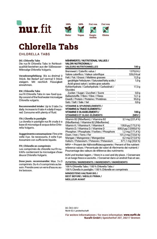 Etikett "nur.fit Chlorella Tabs" mit Produktinformationen. Text und Nährwerttabelle. Weißer Hintergrund.