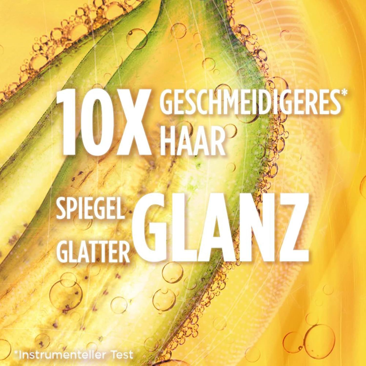 Text mit den Worten "10X geschmeidigeres Haar" und "Spiegel Glanz" auf gelbem Hintergrund mit Blasen.