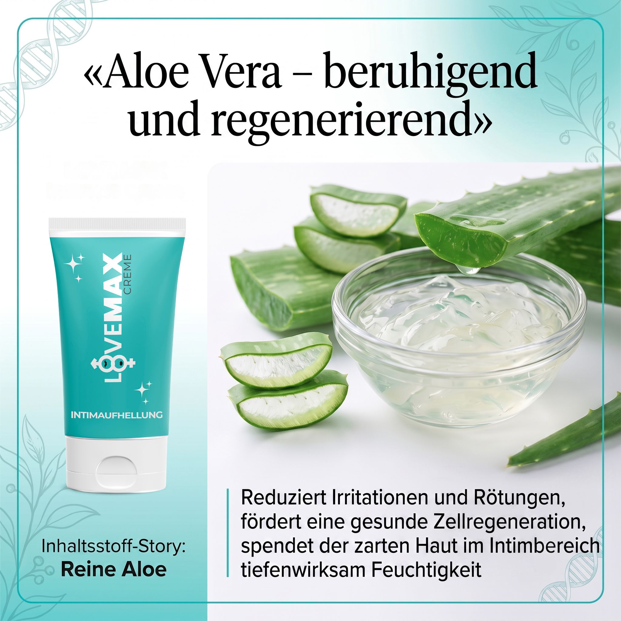 Eine Tube LOVE MAX Creme mit Aloe Vera und frische Aloe Vera Blätter und Gel.