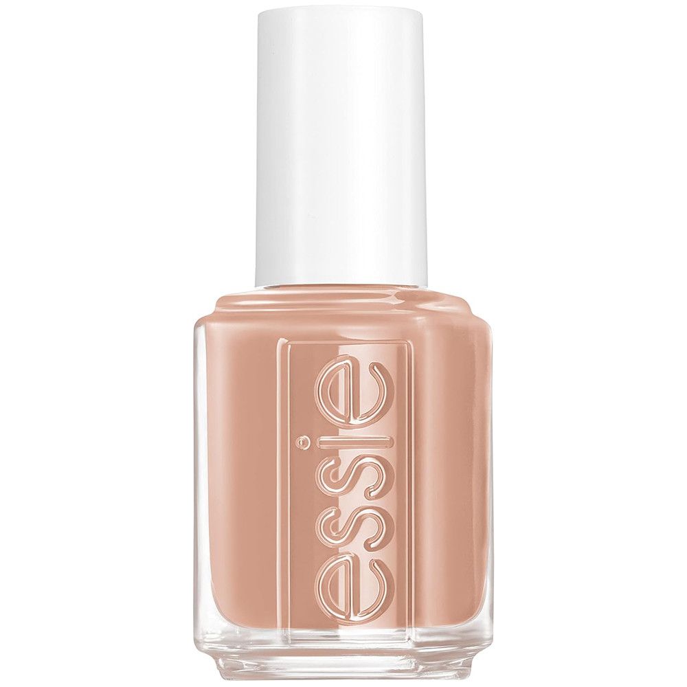 Nagellackflasche mit hellbraunem Lack und weißem Deckel. Auf der Flasche steht 'essie'.