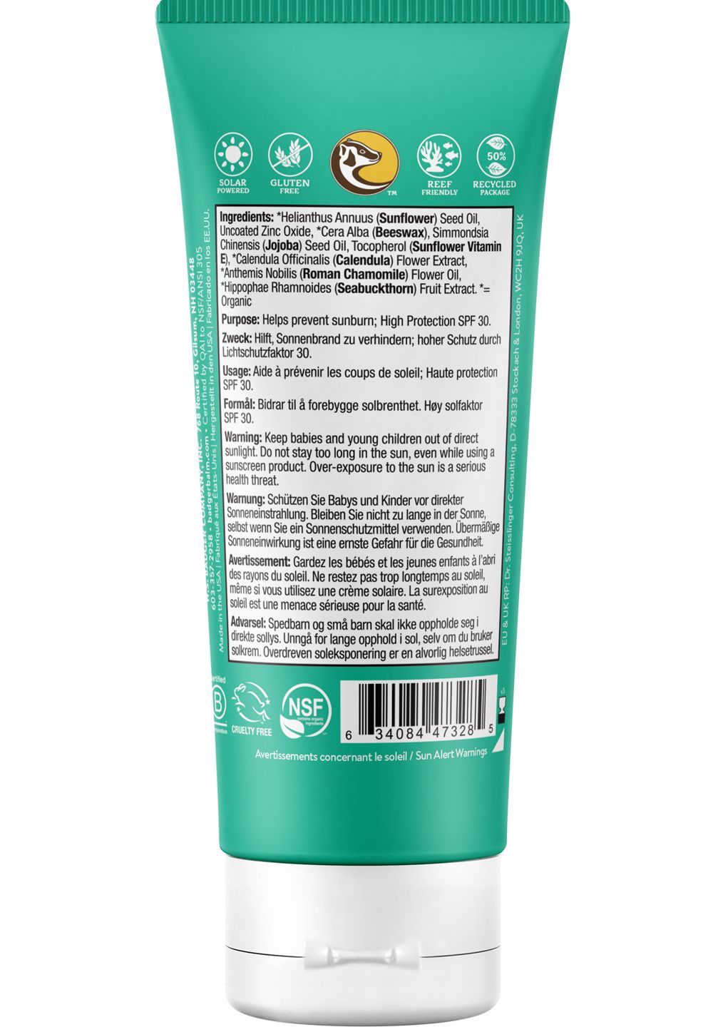 Rückseite einer Tube Sonnencreme mit Inhaltsstoffen und Anwendungshinweisen.