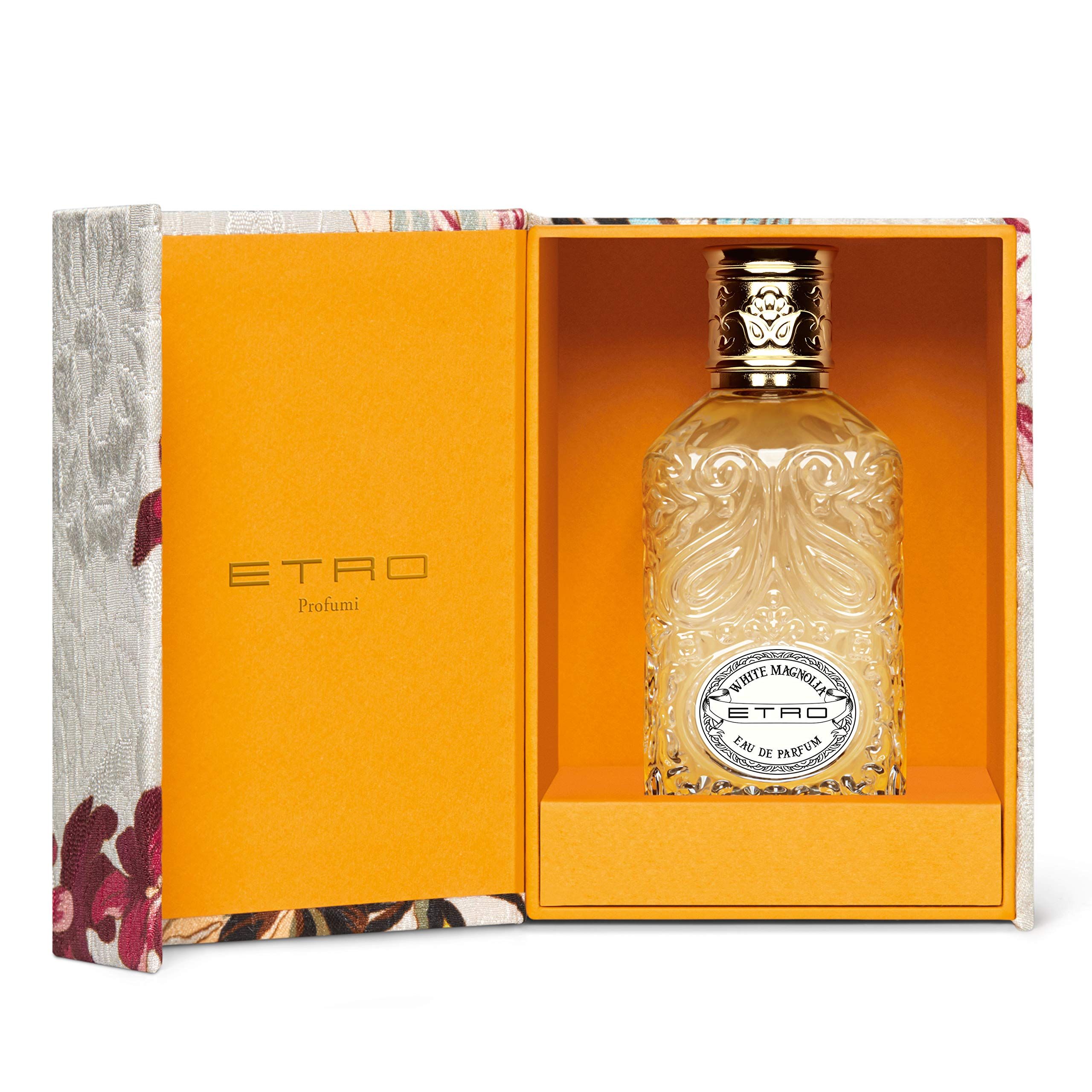 Geöffnete Etro White Magnolia Eau de Parfum Box mit Flakon.