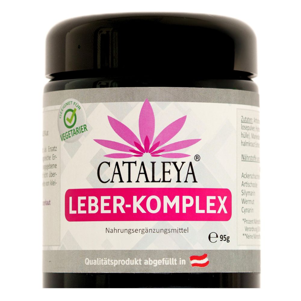 Dose mit CATALEYA LEBER-KOMPLEX. Schwarzer Deckel, rosa Etikett mit Produktinformationen und Logo. Vegetarier-Siegel.