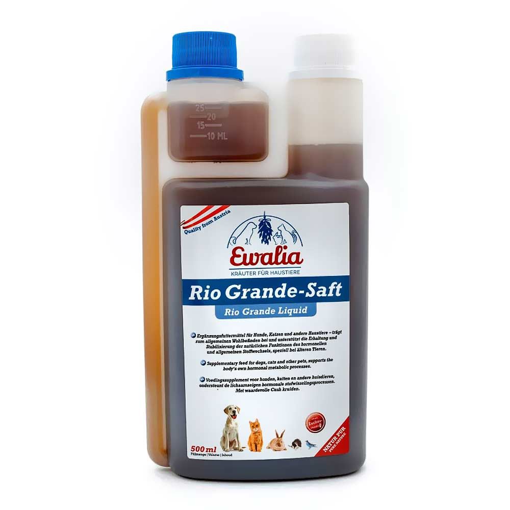 Flasche mit Flüssigkeit, Etikett mit Text: Ewalia Rio Grande Saft. Aufschrift: Kräuter für Haustiere.