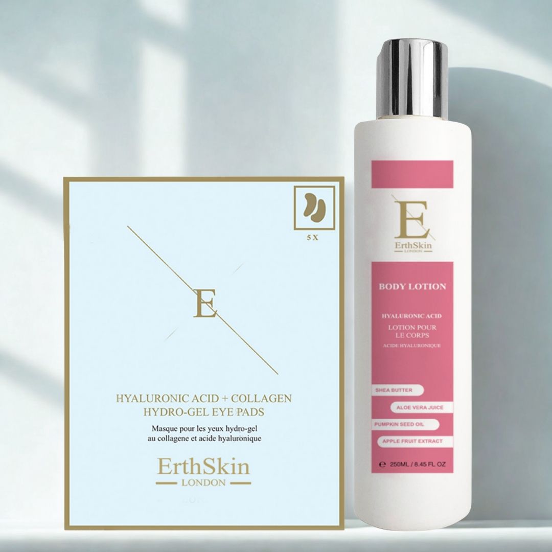 Körperlotion und Augenpads. Weiße Flasche mit rosa Akzenten. Augenpad-Packung mit Text. ErthSkin London Logo sichtbar.