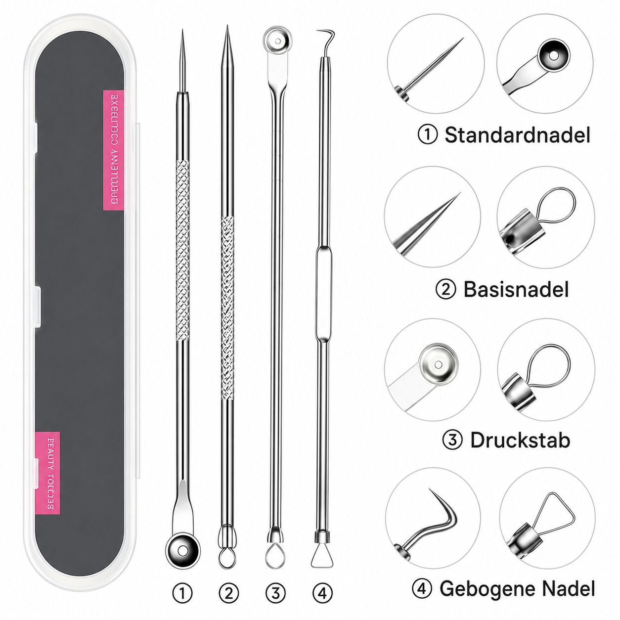 Set mit 4 Edelstahl-Komedonenquetschern und einer Aufbewahrungsbox. Verschiedene Formen: Nadel, Schlaufe, Haken und Spatel.