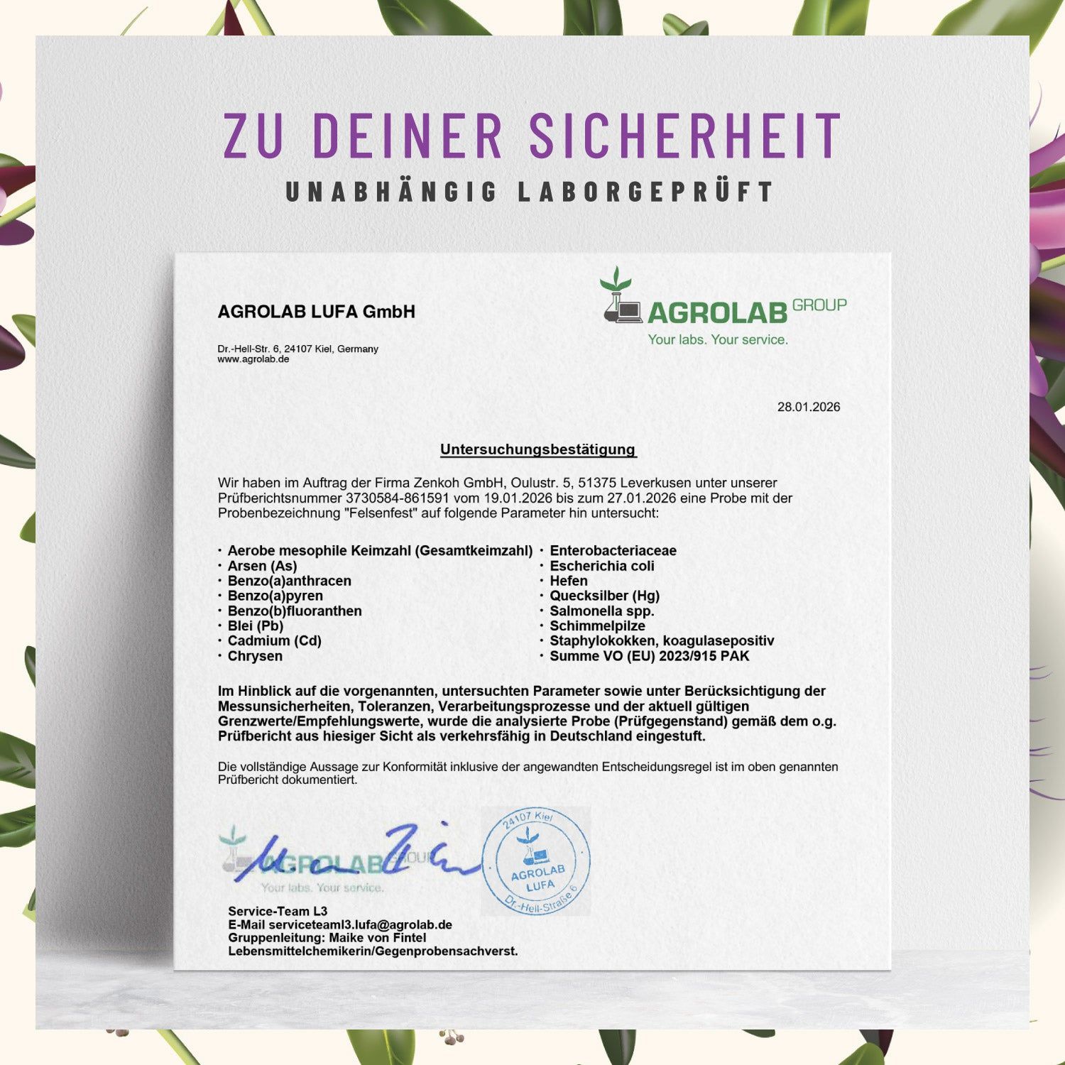 Zertifizierungsdokument von AGROLAB LUFA GmbH. Unterschrift und Stempel. Laborgeprüft.