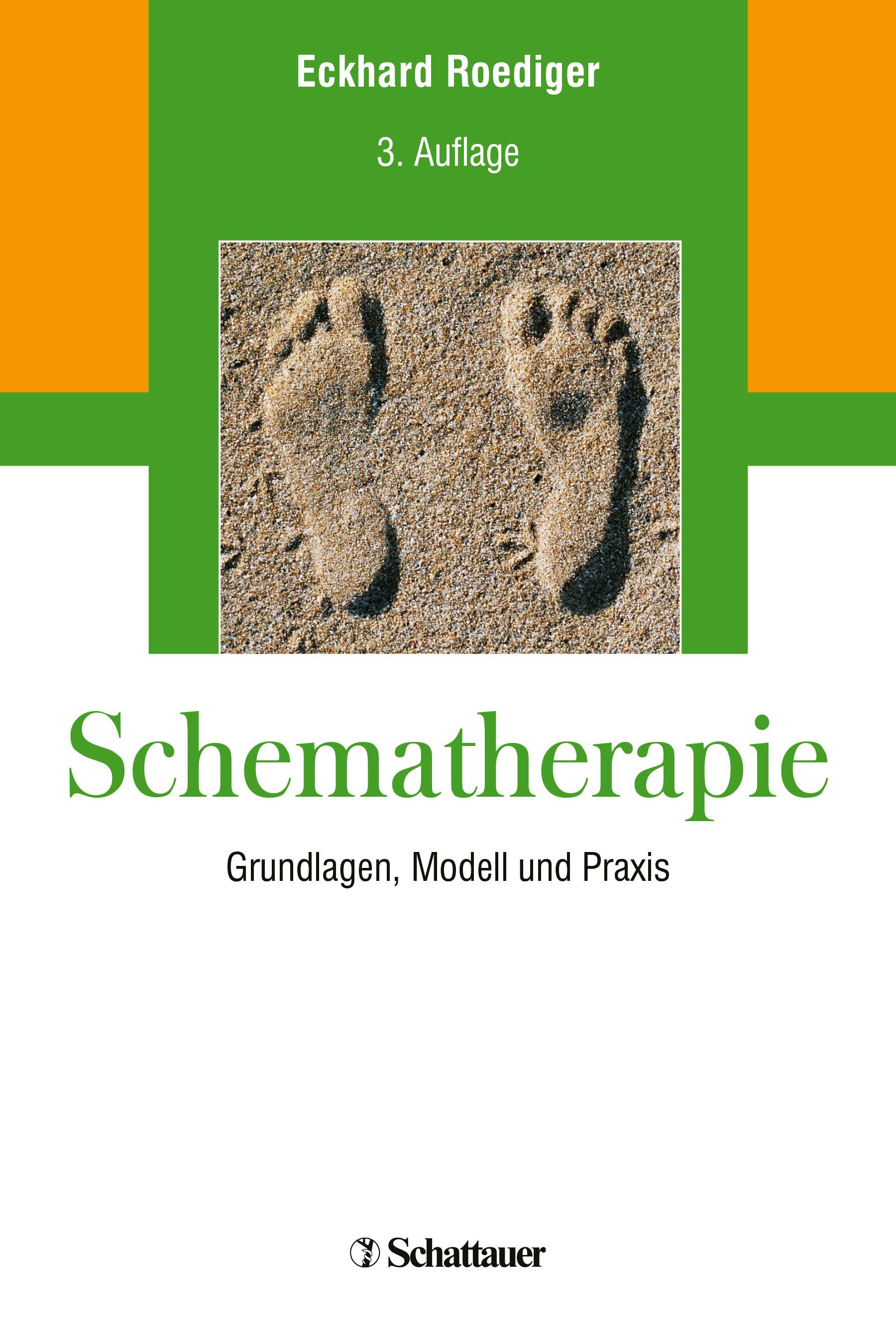 Buchcover mit Titel "Schematherapie". Oben: grüne Fläche mit Fußabdrücken im Sand. Autor: Eckhard Roediger.