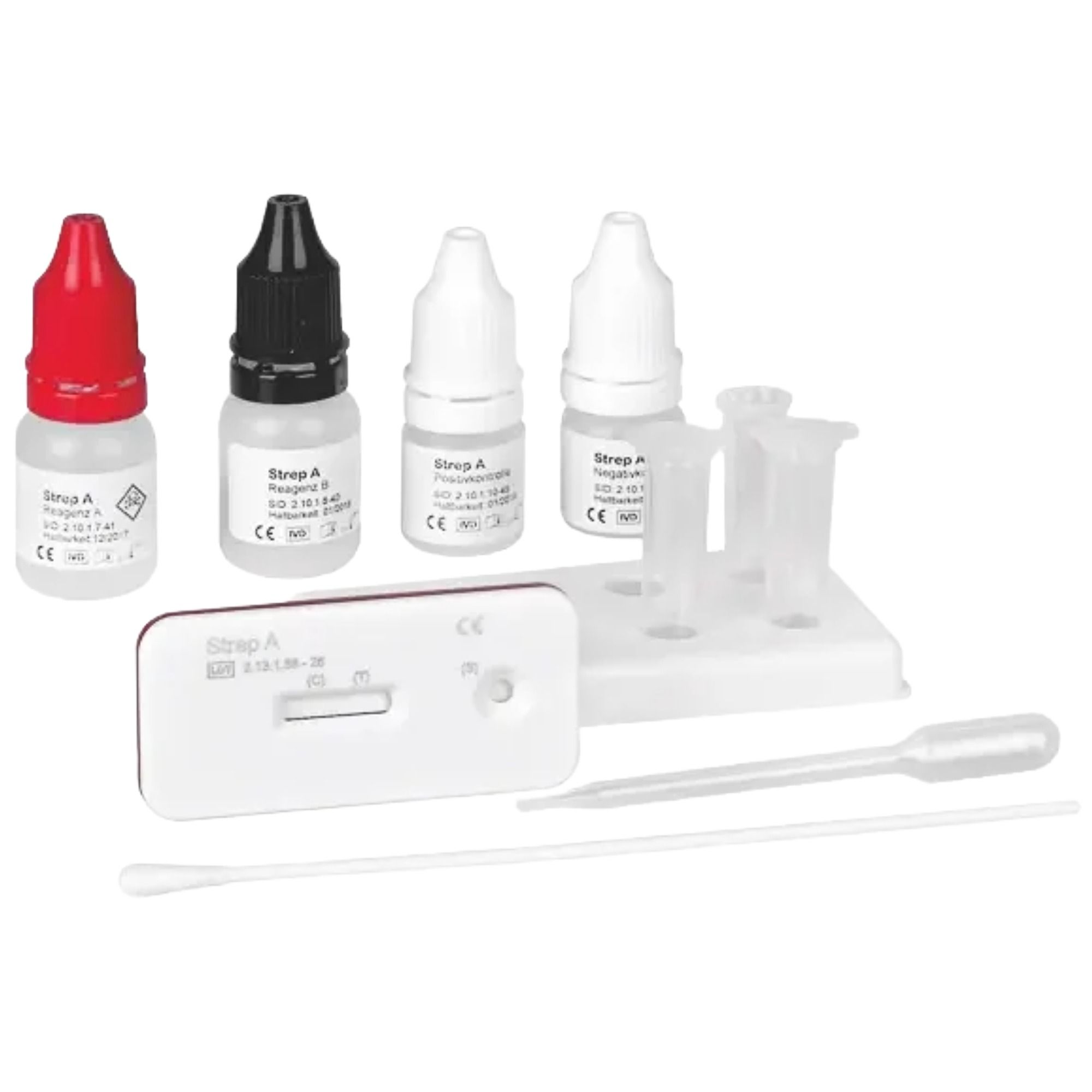 Testkit mit Reagenzgläsern, Testkassette, Tupfer und Pipette. Enthält Fläschchen mit roten und schwarzen Kappen.