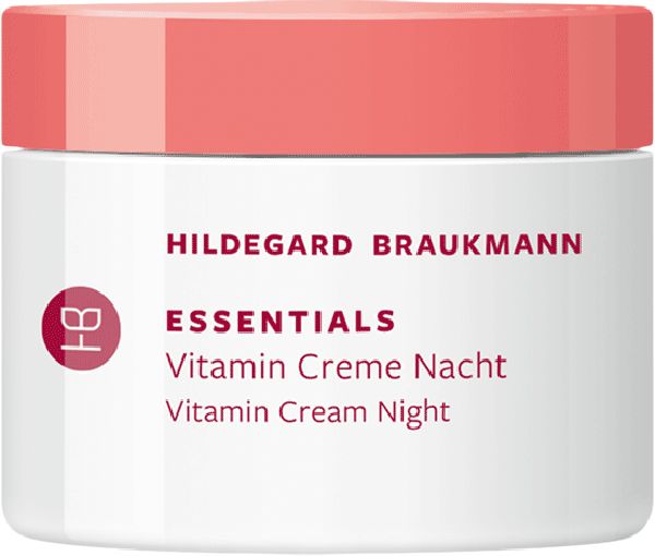 Hildegard Braukmann Essentials Vitamin Creme Nacht. Weißer Tiegel mit rosa Deckel. Produktname und Logo.