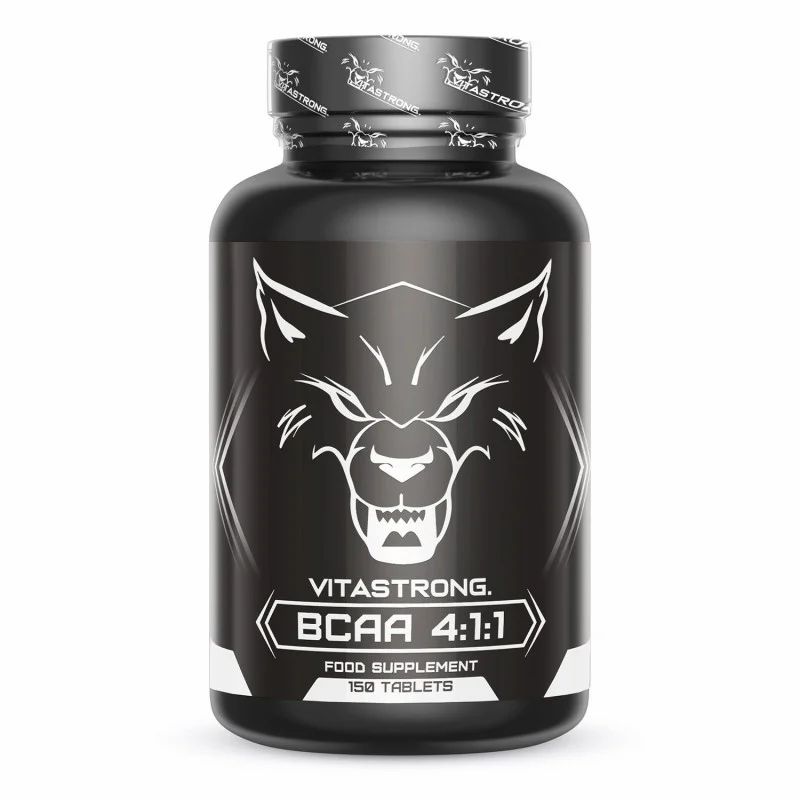 Schwarze Flasche mit Vitastrong BCAA 4:1:1, 150 Tabletten. Wolfslogo und Produktinformationen.