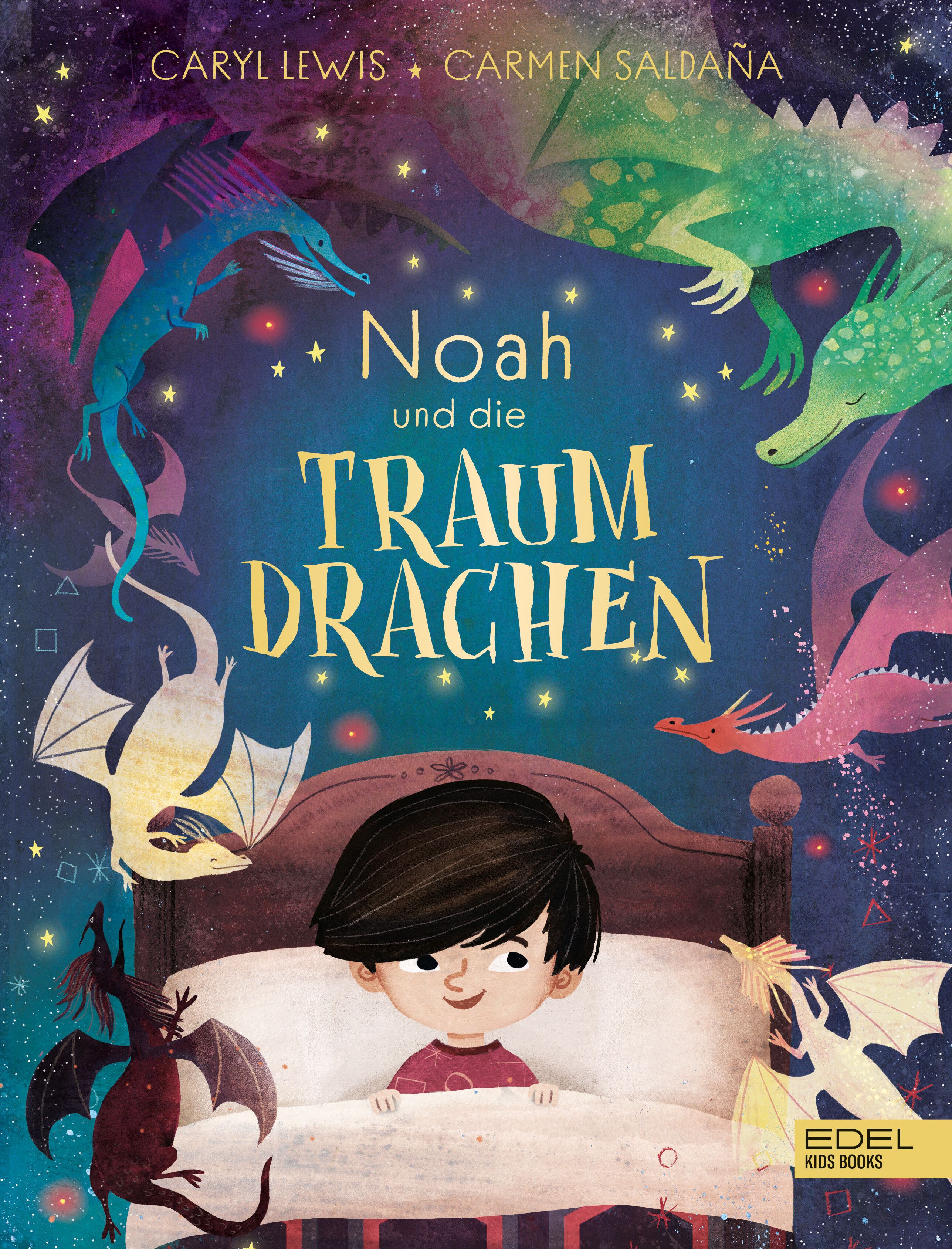 Buchcover mit Titel "Noah und die Traumdrachen". Illustration eines Jungen im Bett, umgeben von Drachen. Autorennamen oben.