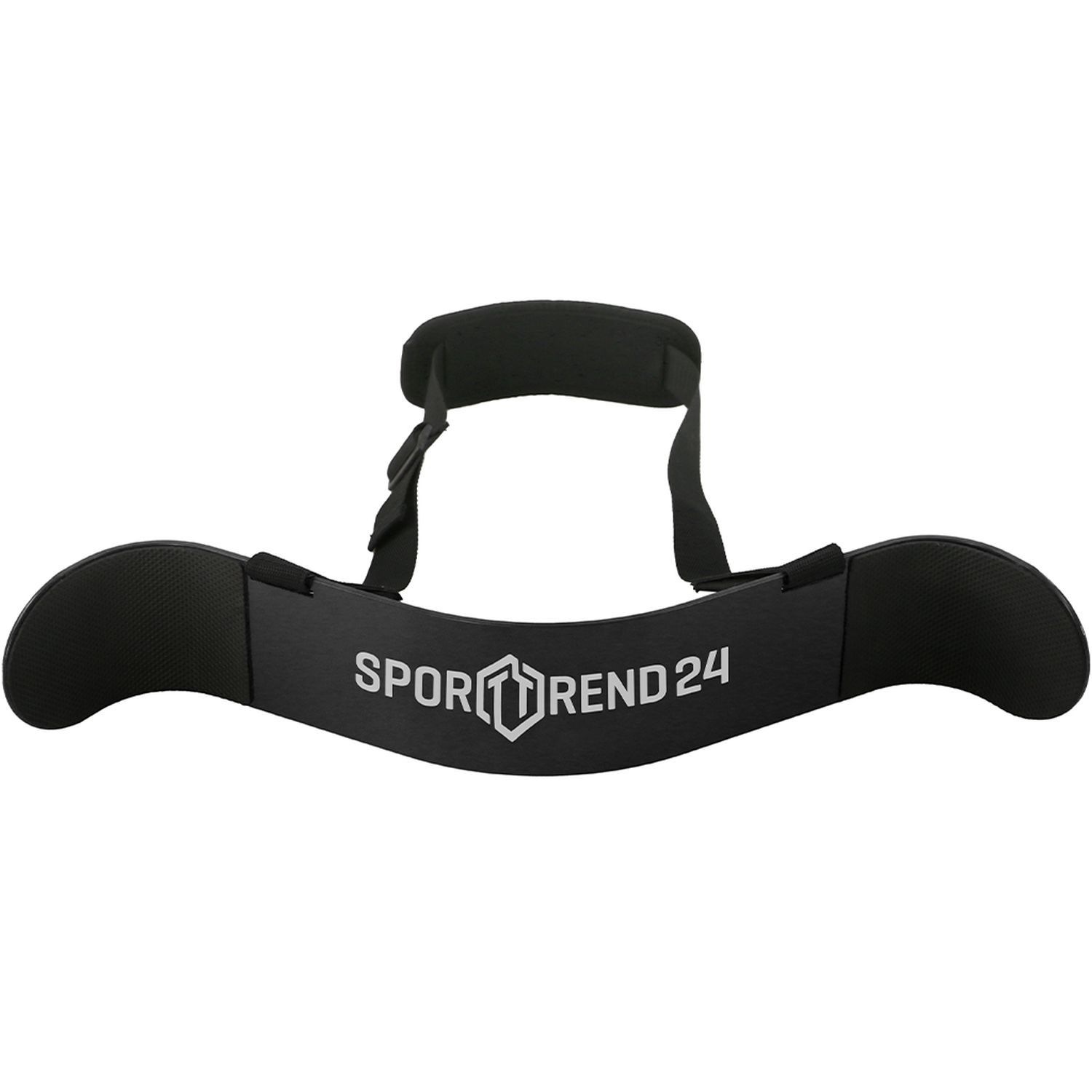 Schwarzer Bizeps Isolator mit gepolsterten Armauflagen und Schultergurt. Aufschrift: Sporttrend24.