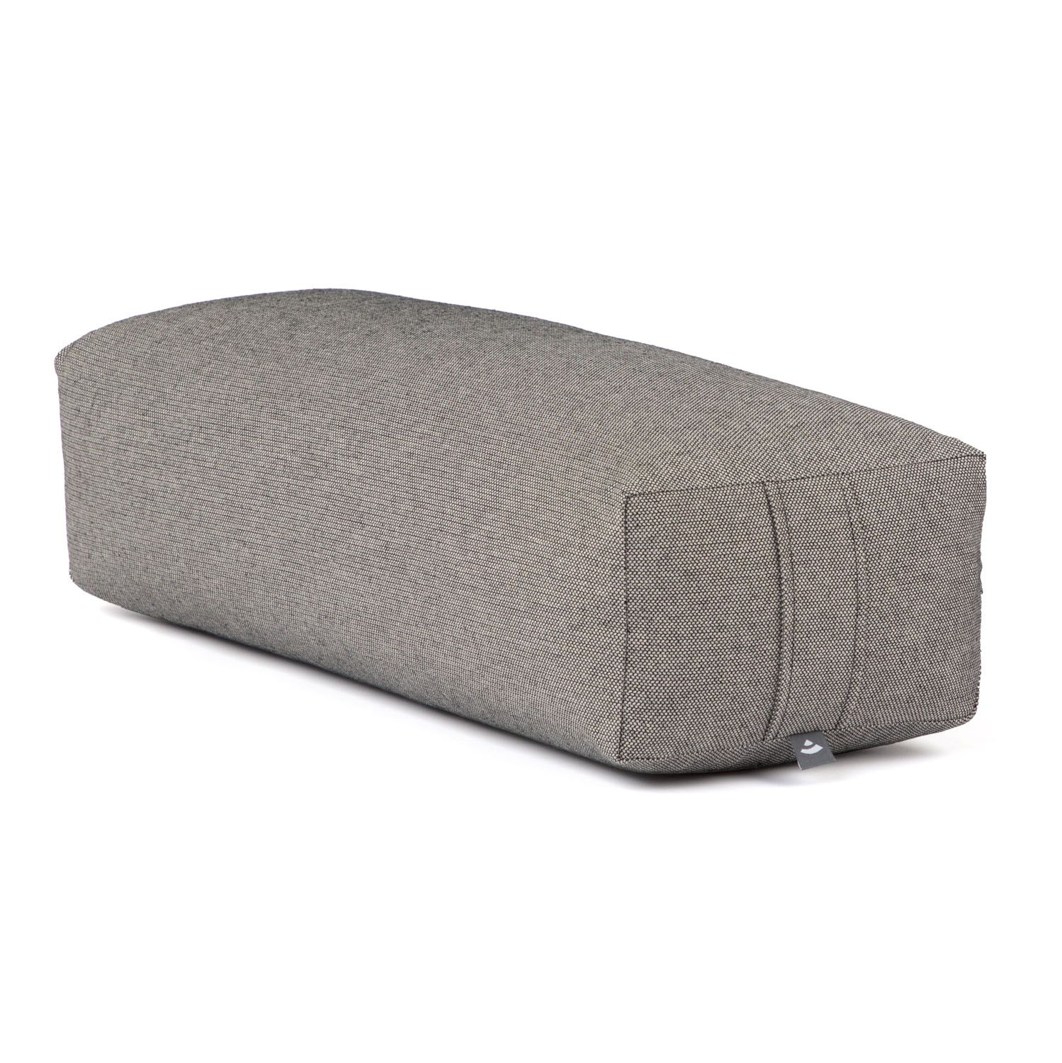 Grauer Yoga-Bolster. Dobby-Gewebe. Rechteckige Form. Logo.