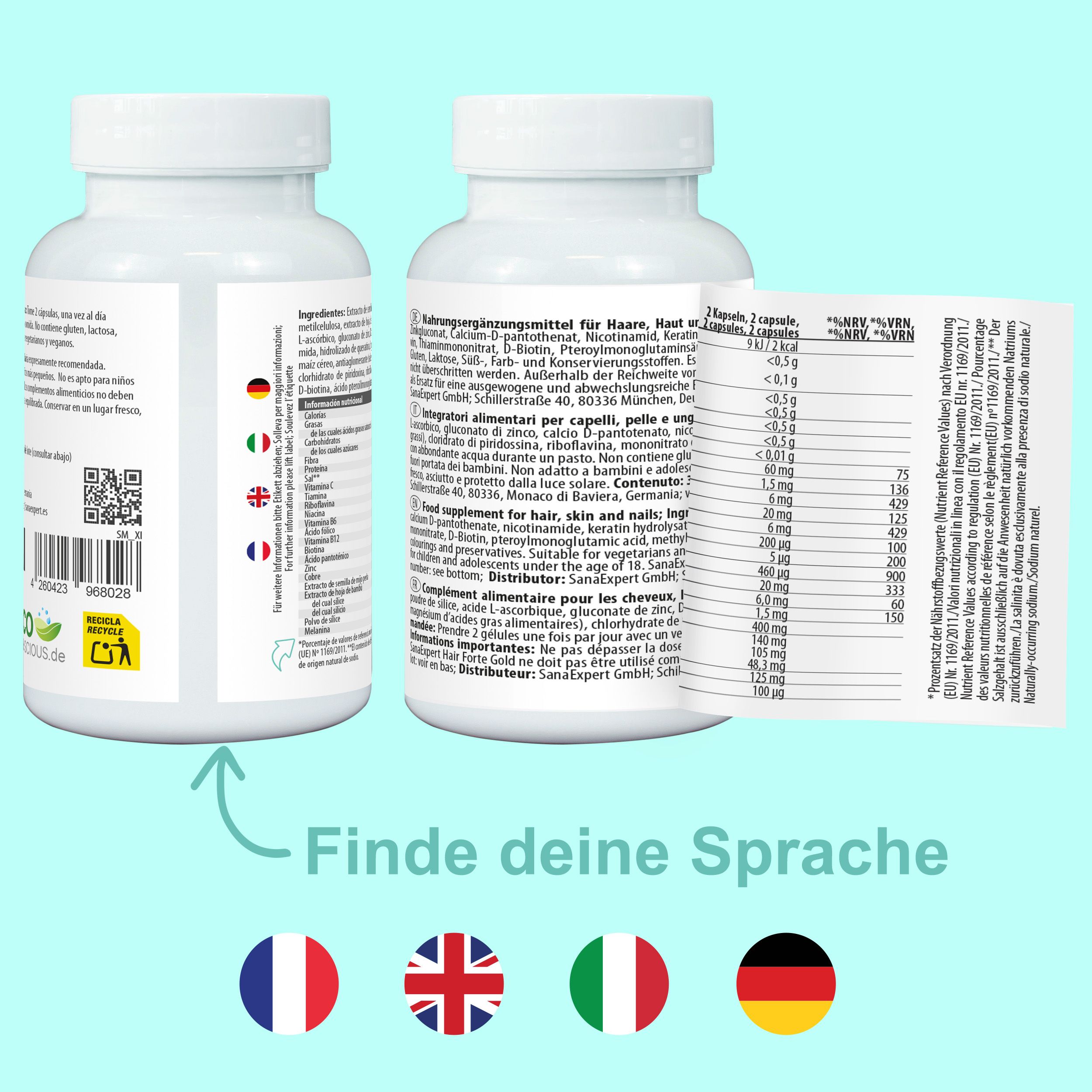 Rückseite einer SanaExpert Haar Forte Gold Flasche mit Nährwertangaben und Sprachen.