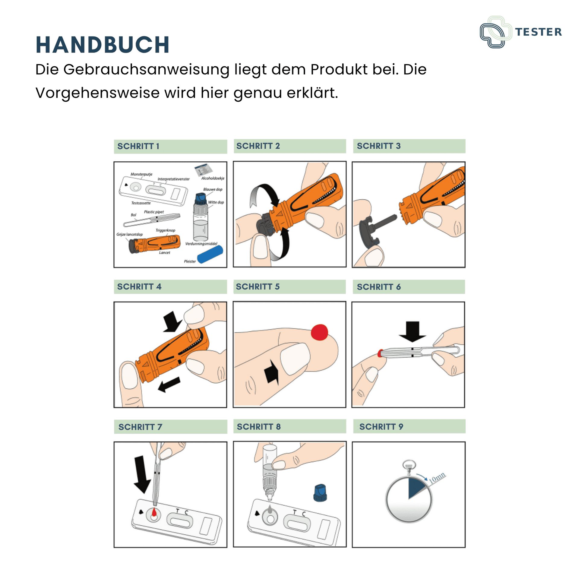 Handbuch für den Schilddrüsen-Selbsttest mit detaillierter Schritt-für-Schritt-Anleitung und Zeitmessung.