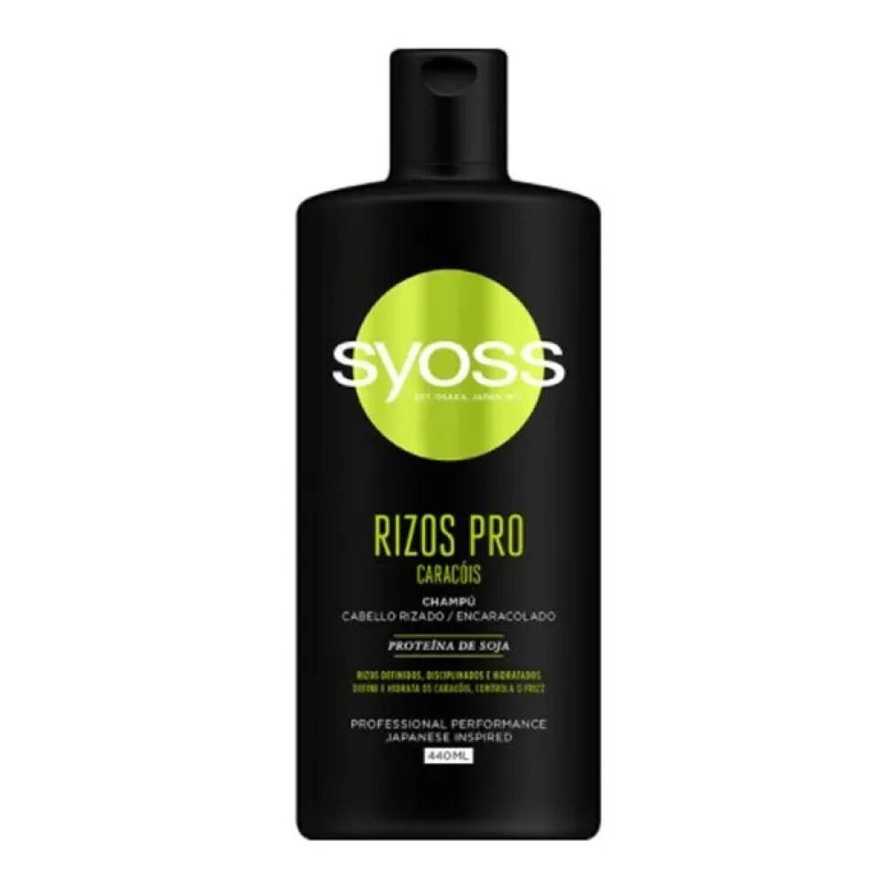 Schwarze Shampoo-Flasche mit grünem Etikett. Aufschrift: Syoss, Rizos Pro, Champú, Proteína de Soja. Japanisches Design.