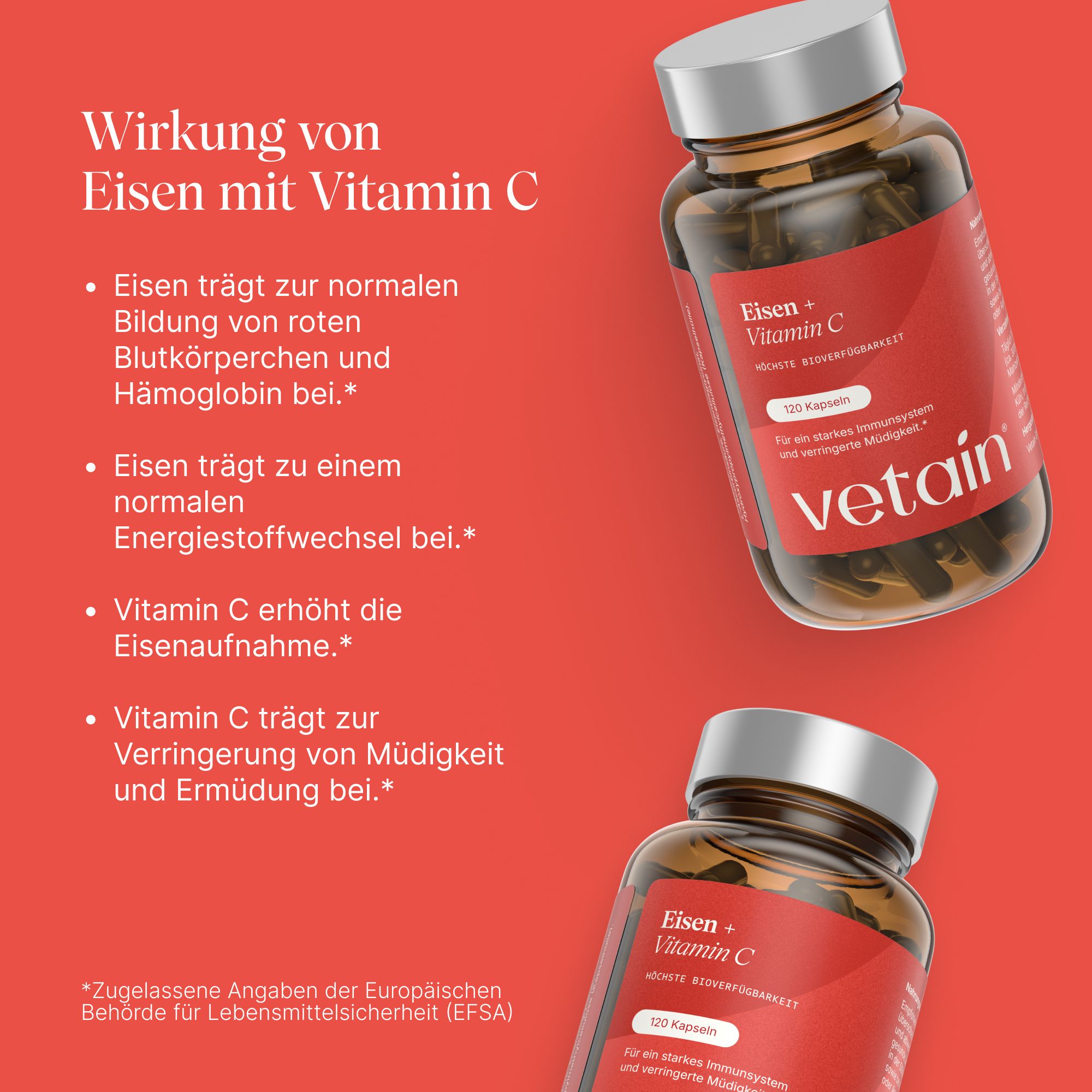 VETAIN Eisen hochdosiert - 45mg Eisenbisglycinat + 250mg Vitamin C pro Kapsel – 4 Monate Vorrat