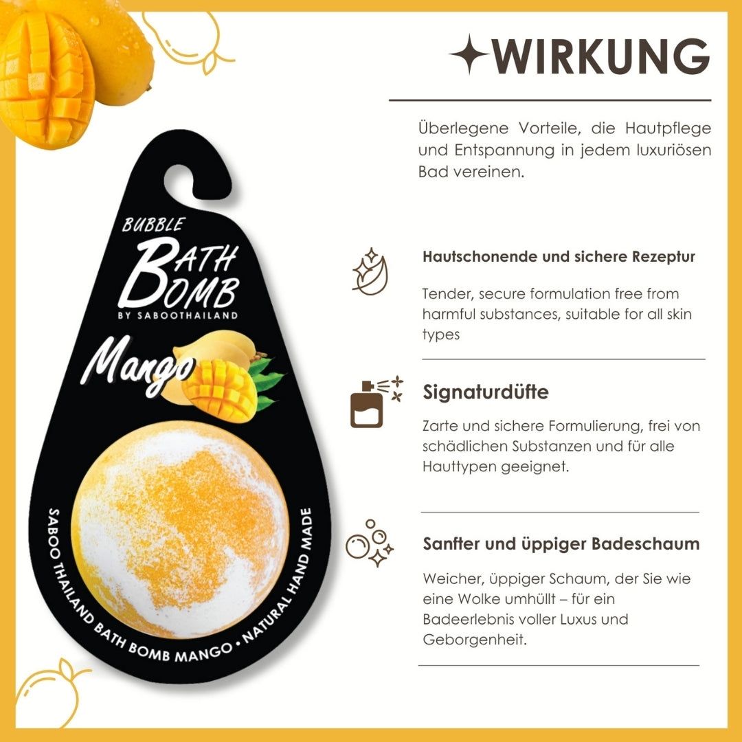 Mango-Badeschaumbombe. Schwarzes Etikett mit Produktnamen und Mango-Illustration. Handgemacht. Wirkung: Hautpflege, sichere Rezeptur, Düfte.