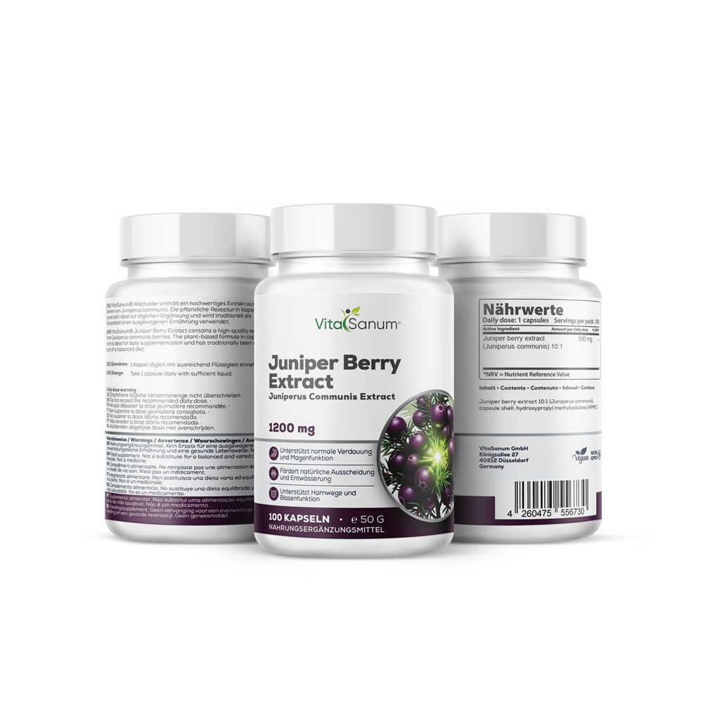 Drei Flaschen mit Kapseln. Aufschrift: VitaSanum, Juniper Berry Extract, 1200 mg. Abbildung von Wacholderbeeren. 100 Kapseln. Rückseite mit Nährwertangaben.