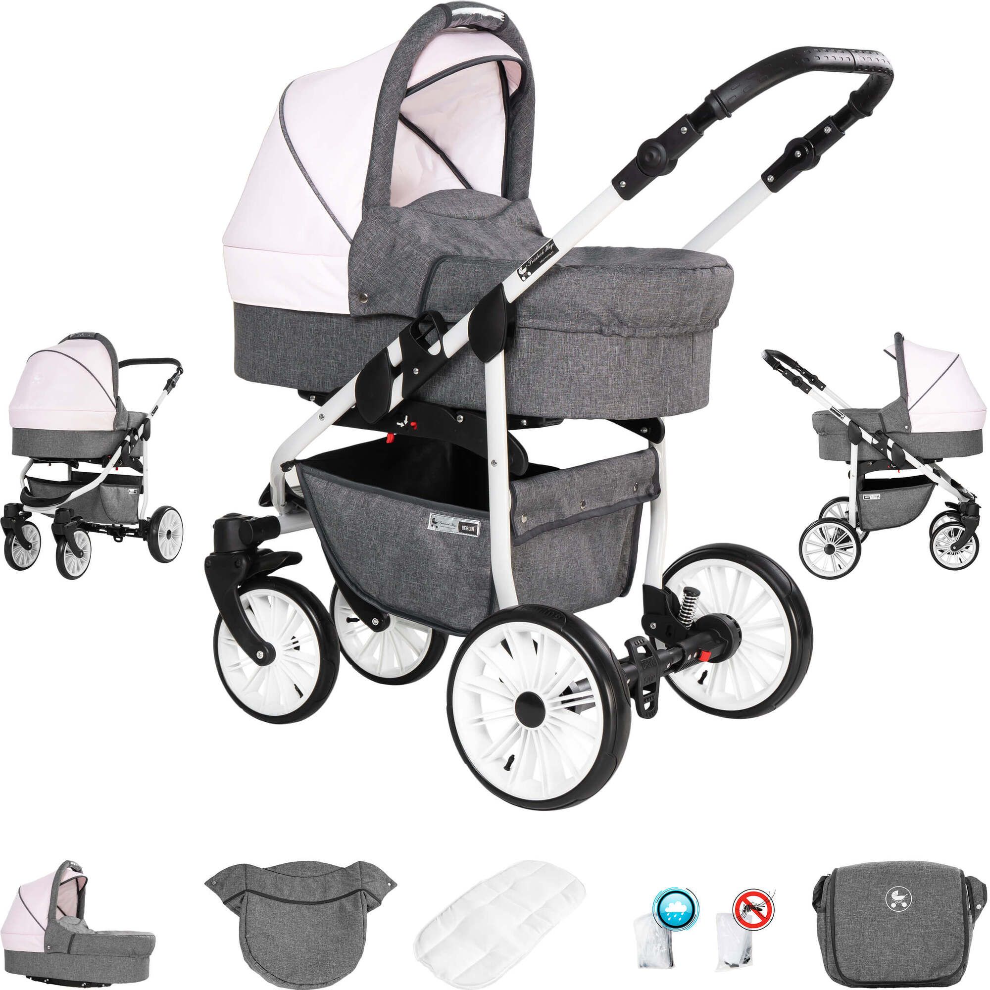 Kinderwagen, grau-rosa, mit Zubehör. Vier Räder, weißes Gestell. Enthält Babywanne, Maxi Cosi, Tasche.