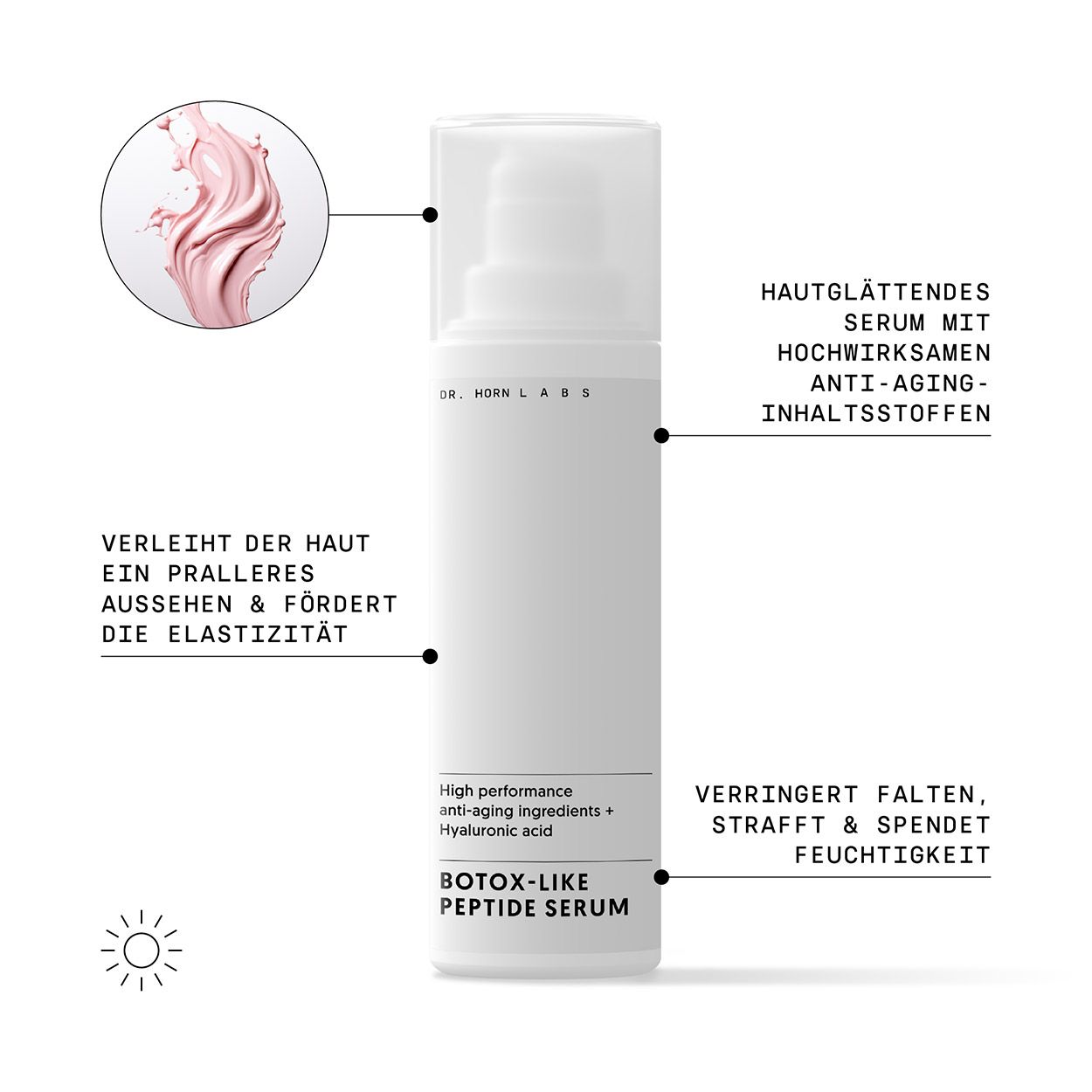 Produktflasche mit Text und Illustrationen. Beschriftung: DR. HORN LABS, Botox-Like Peptide Serum. Enthält Anti-Aging-Inhaltsstoffe und Hyaluronsäure.