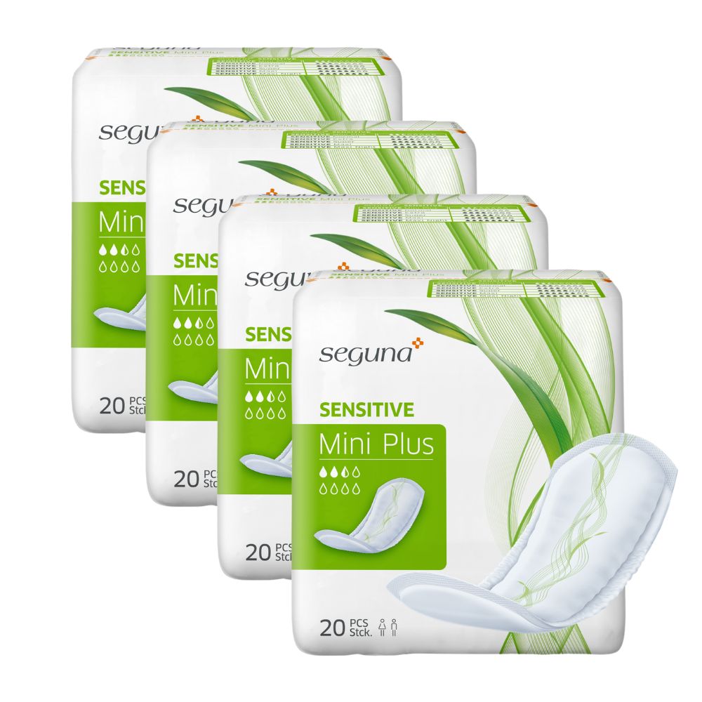 Mehrere Packungen mit weißen Damenbinden. Aufdruck: "SENSITIVE Mini Plus". Einzelne Binde daneben.