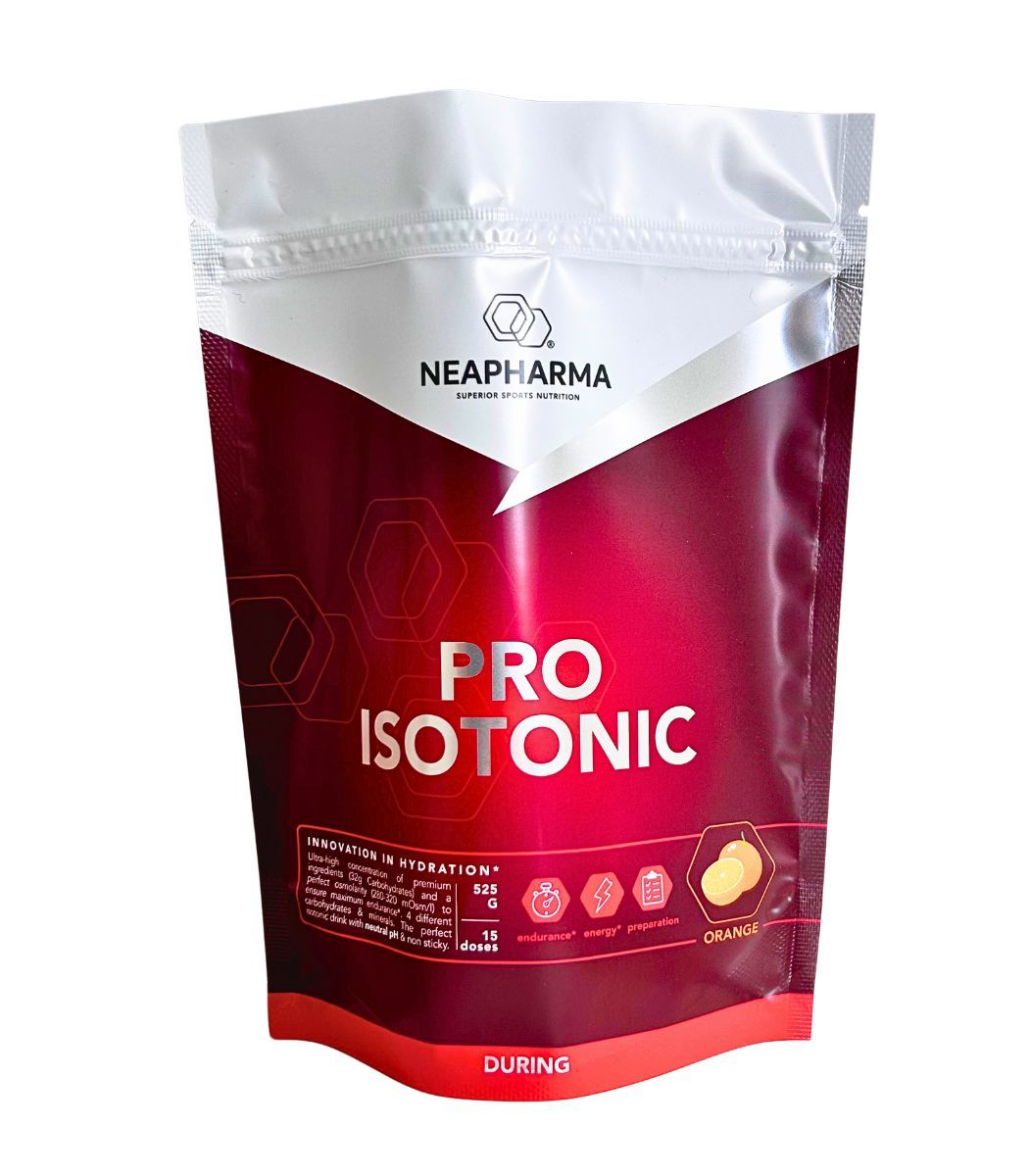 Beutel mit rotem Hintergrund. Enthält die Aufschrift 'Neapharma Pro Isotonic' und 'Orange'.
