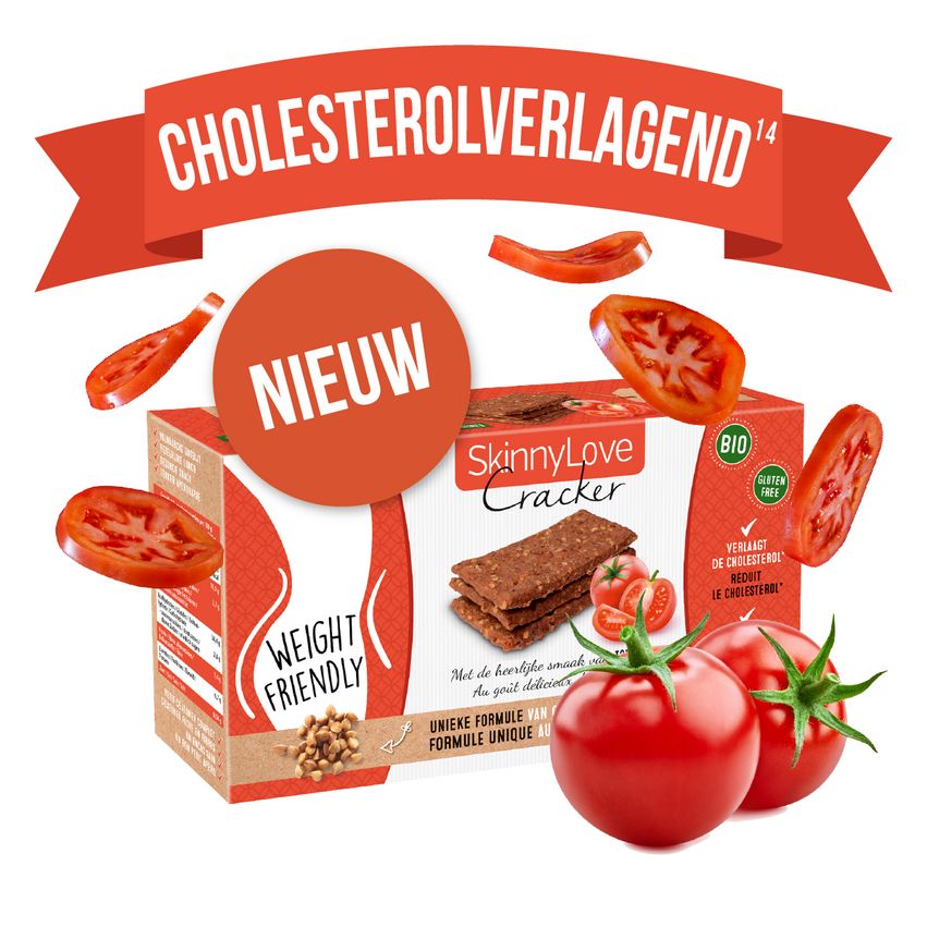 Packung Knäckebrot, SkinnyLove Cracker, mit Tomaten. Aufschrift 'Weight Friendly' und 'Bio'. Tomaten und Tomatenscheiben.