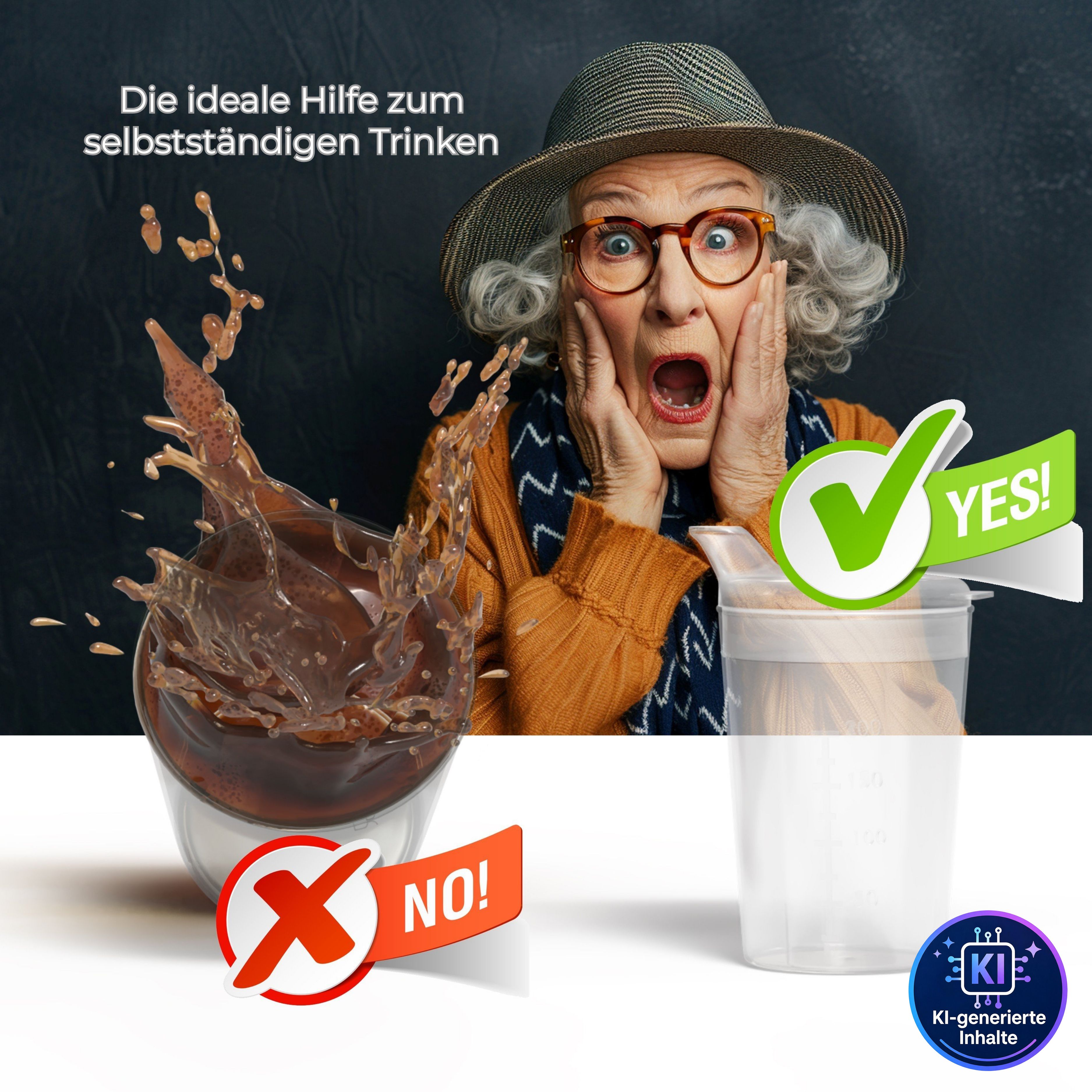 Frau erschrickt über verschüttetes Getränk neben einem Schnabelbecher.