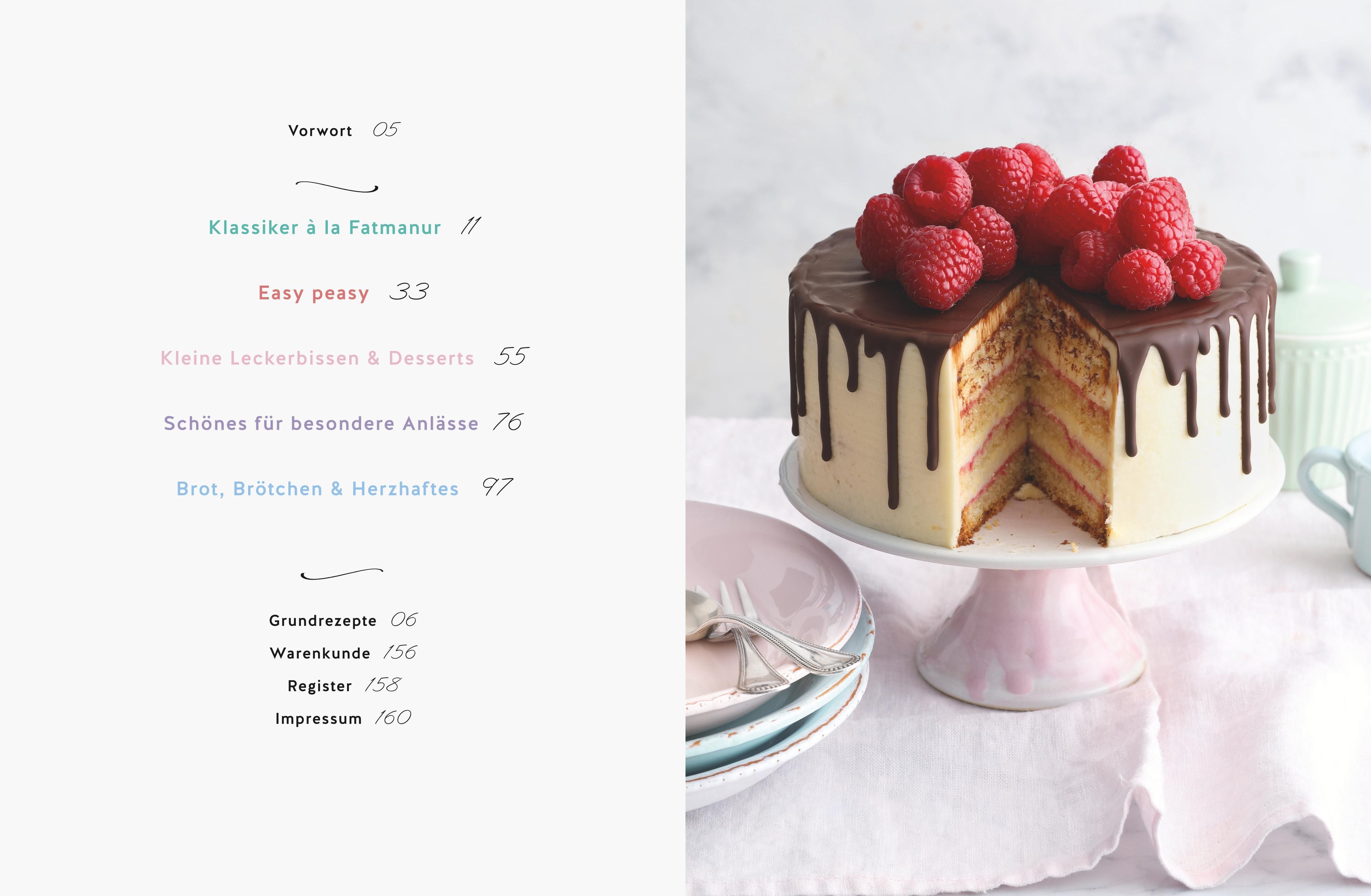 Buchseite mit Inhaltsverzeichnis. Kapitelüberschriften. Kuchen mit Schokoguss und Himbeeren.