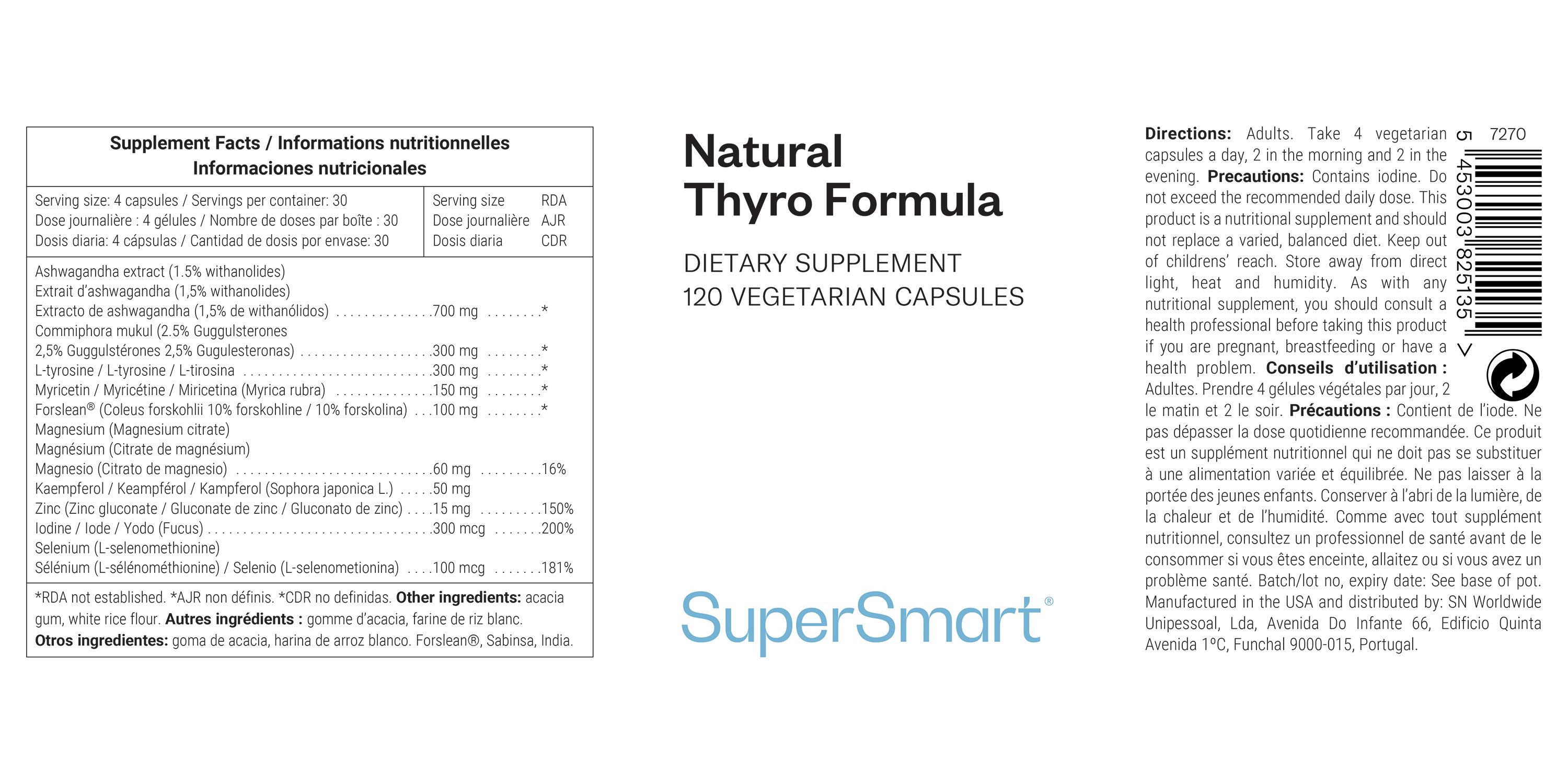 Etikett mit Inhaltsstoffen und Informationen zu "Natural Thyro Formula". Marke SuperSmart.