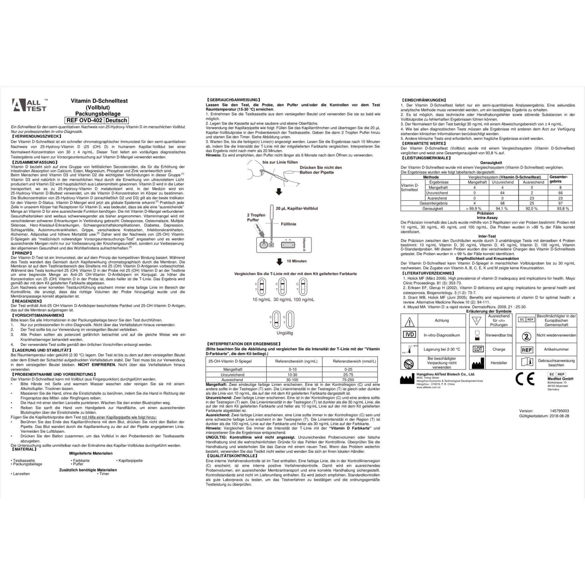 Innenseite der Alltest Vitamin-D Schnelltest-Verpackung mit detaillierten Anweisungen und Informationen.