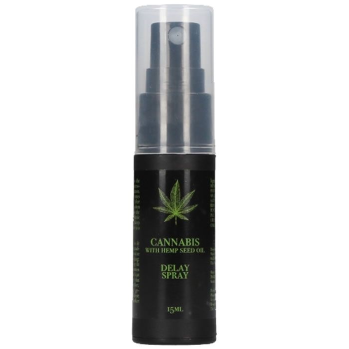 Schwarze Sprühflasche mit Cannabis-Logo und Text. Enthält "Cannabis with Hemp Seed Oil Delay Spray". Transparente Kappe.