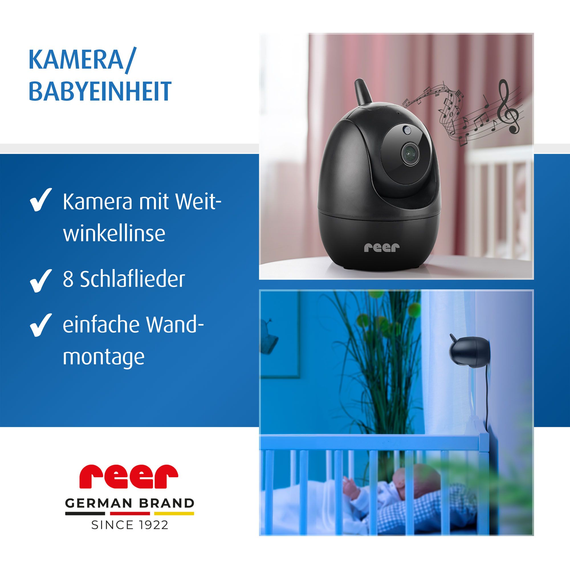 Babykamera mit Antenne und reer-Logo. Text: Kamera mit Weitwinkellinse, 8 Schlaflieder, einfache Wandmontage.