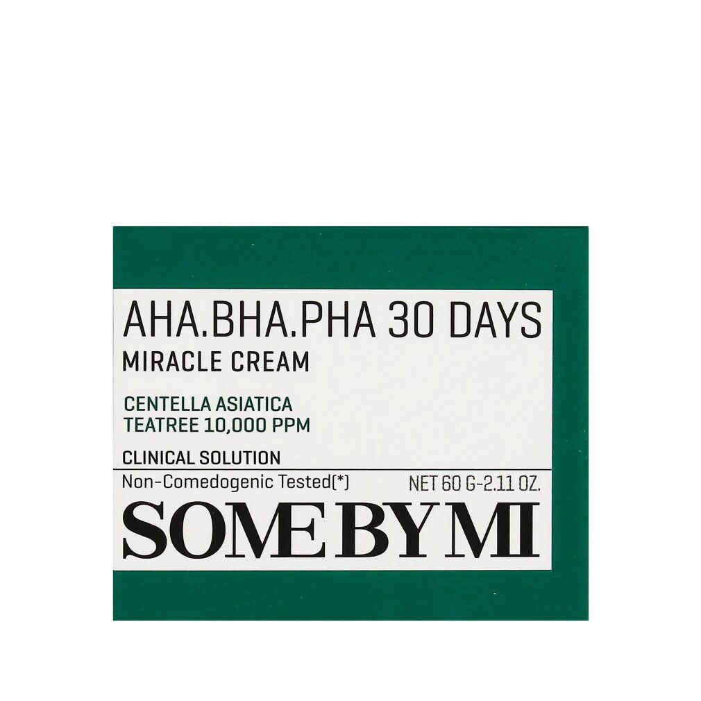 Grüne Schachtel. Aufschrift: AHA.BHA.PHA 30 DAYS MIRACLE CREAM. Marke SOME BY MI. Text: Non-Comedogenic Tested.