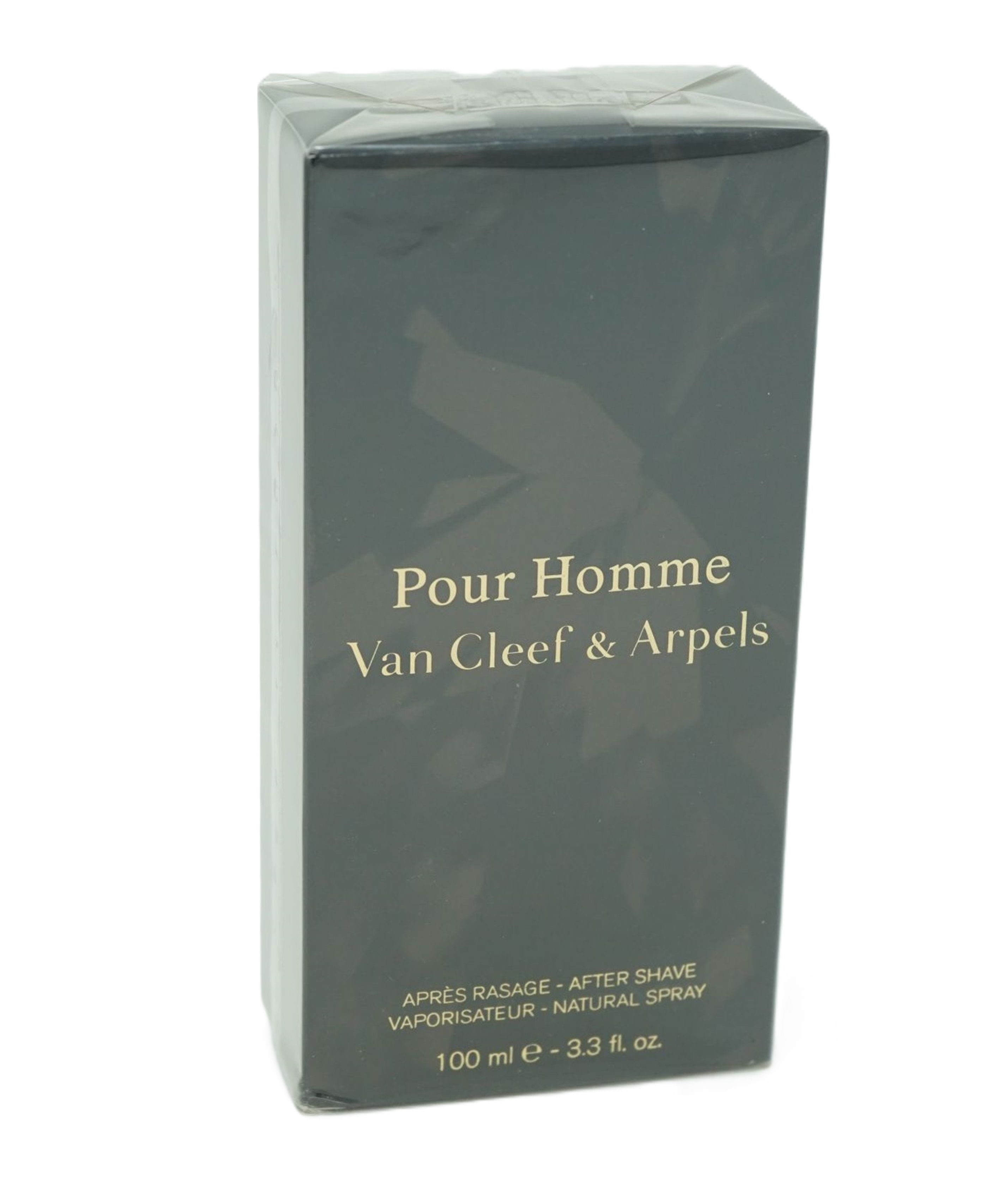 Dunkelgraue rechteckige Schachtel mit Aufschrift "Pour Homme Van Cleef & Arpels". Text: Après Rasage - After Shave, Natural Spray. 100 ml.