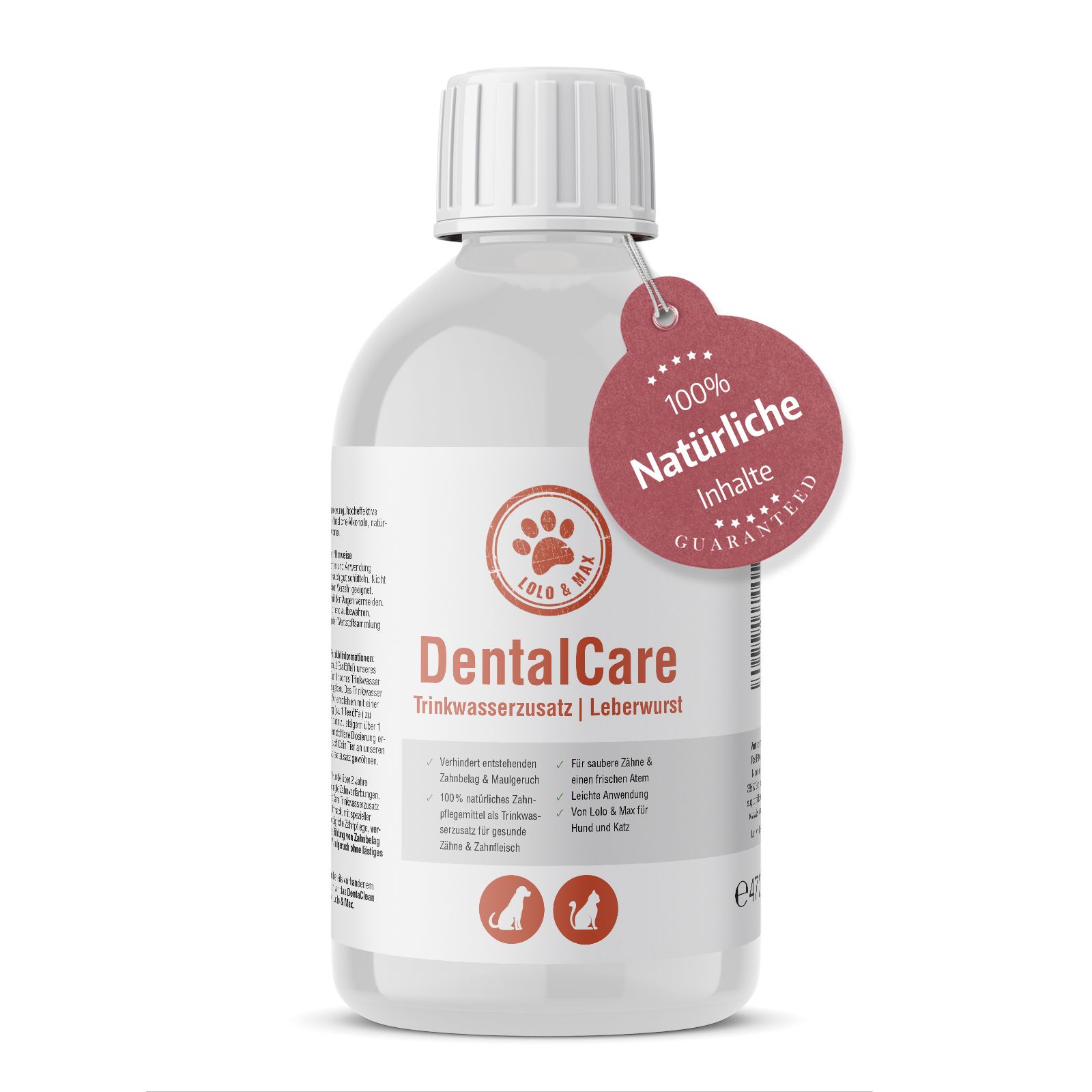 Flasche mit weißem Deckel und Etikett. Aufschrift: DentalCare Trinkwasserzusatz | Leberwurst. Anhänger mit Text.