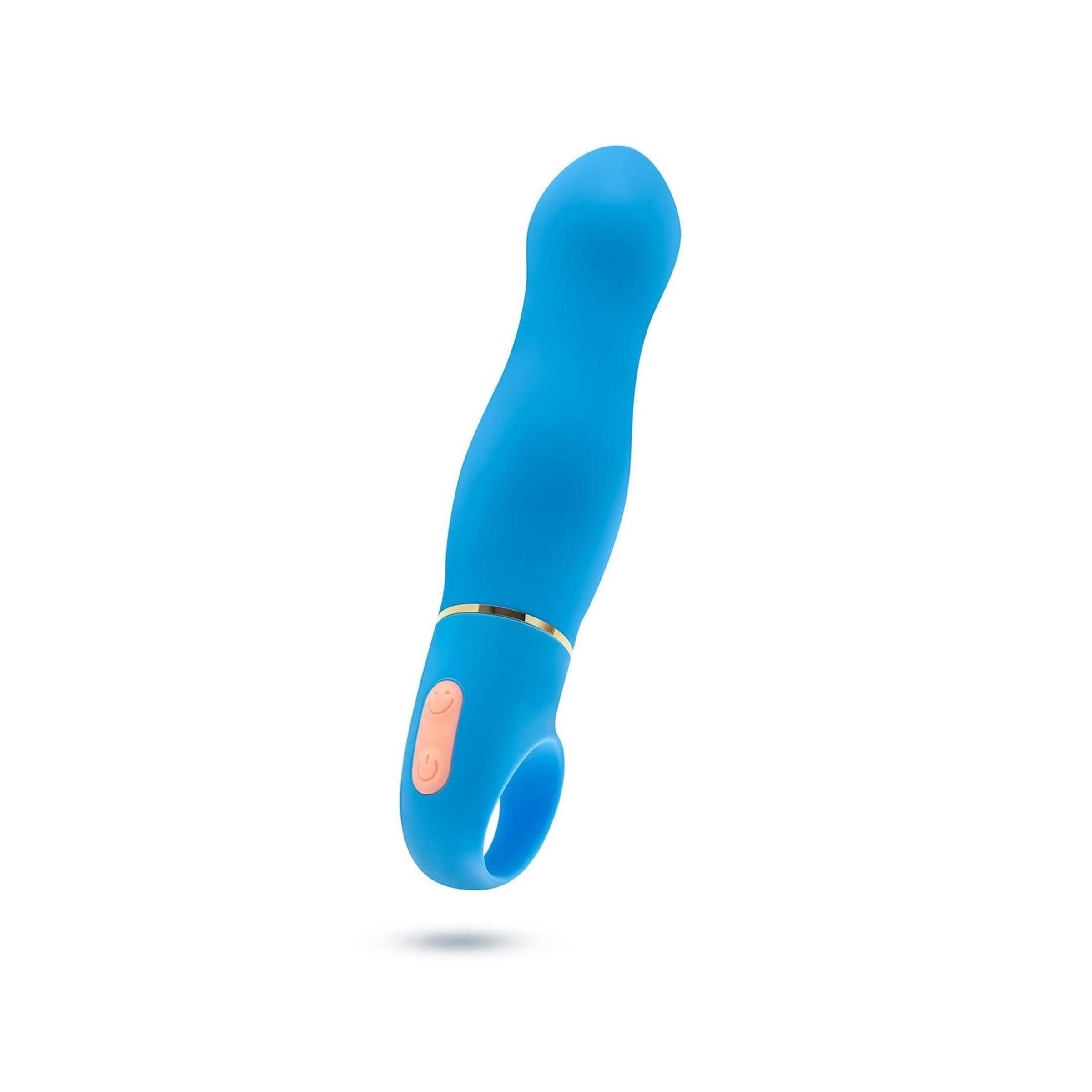 Blaues Wellness-Produkt mit Ring am Ende. Goldfarbene Akzente und ein Knopf. Gebogene Form.