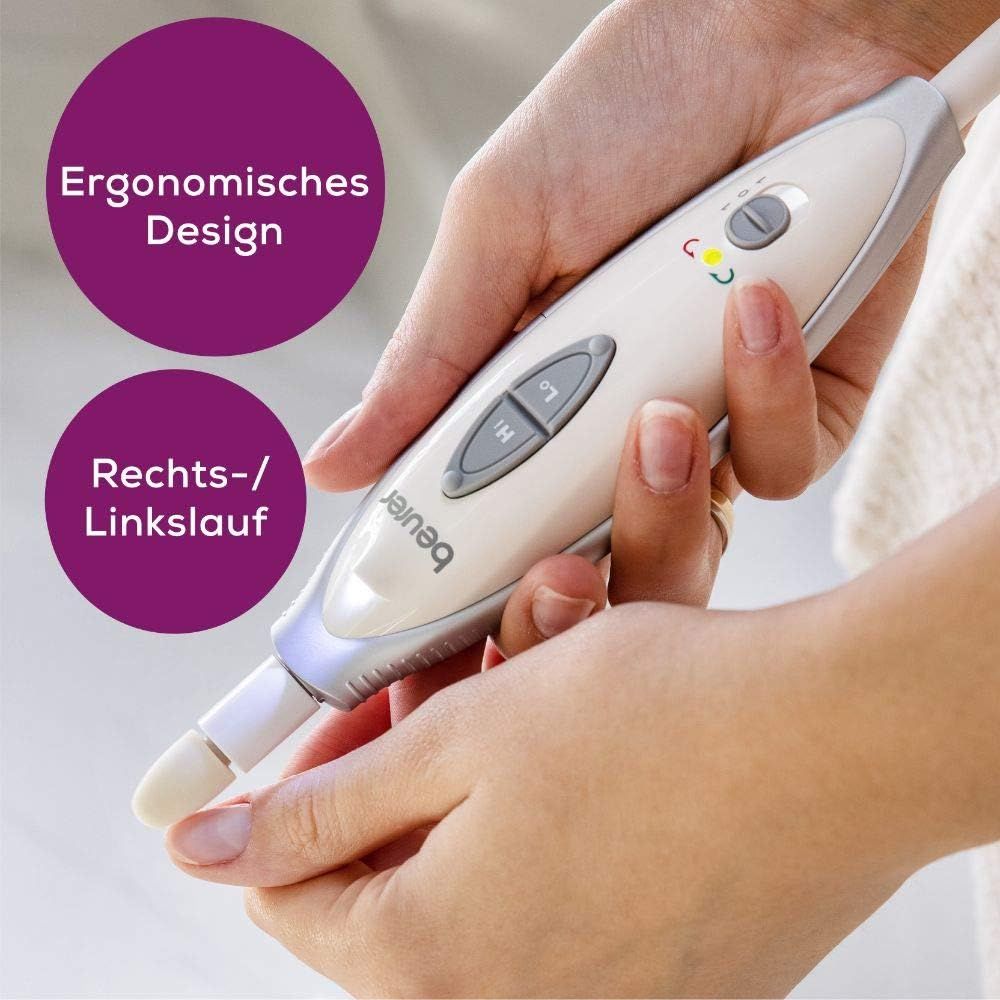 Nagelfeile in Anwendung. Weißes Gehäuse mit grauen Bedienelementen. Hände halten das Gerät. Text: Ergonomisches Design, Rechts-/Linkslauf.