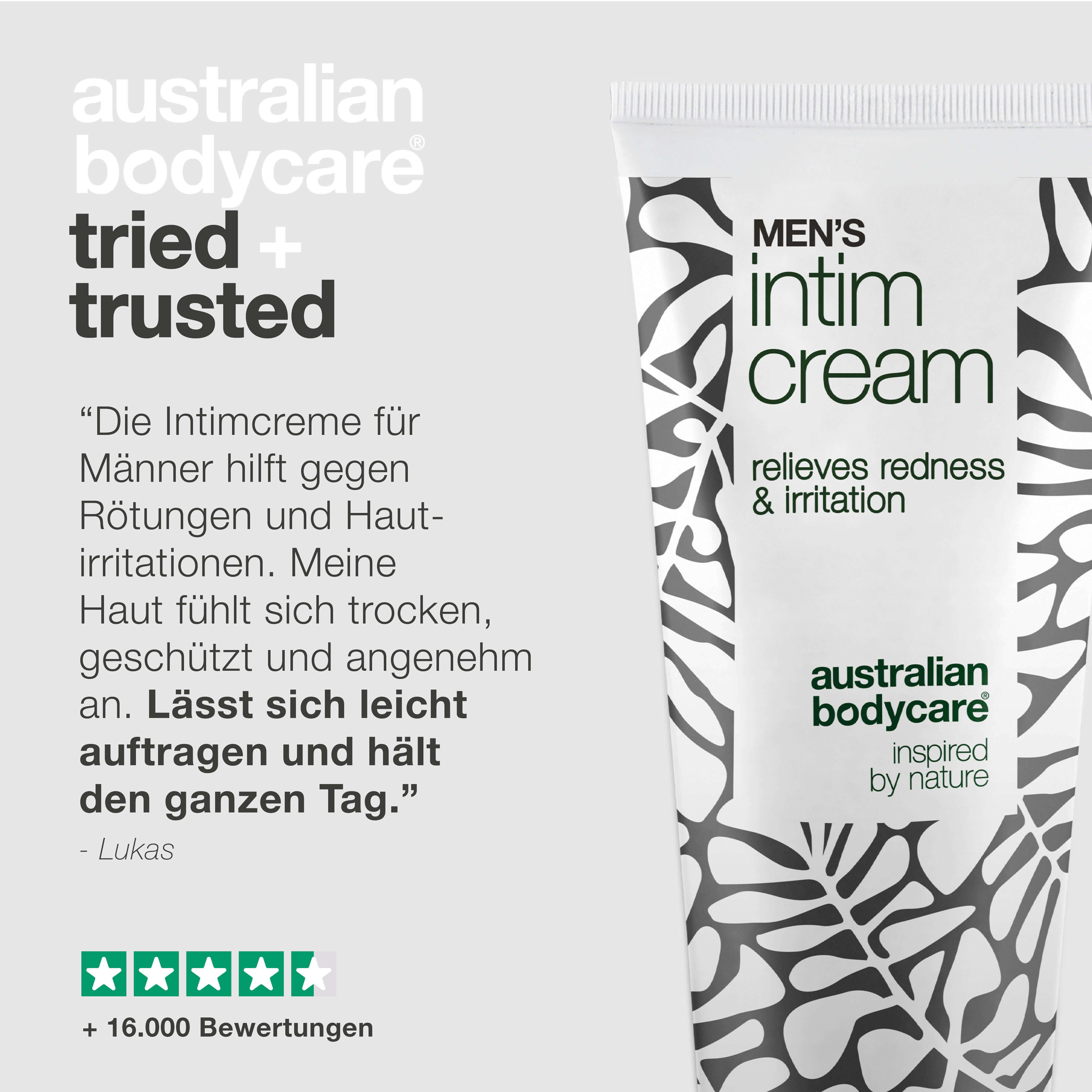 Tube Intimcreme für Männer. Text: Men's Intim Cream, Australian Bodycare. Zitat und Sternebewertung.