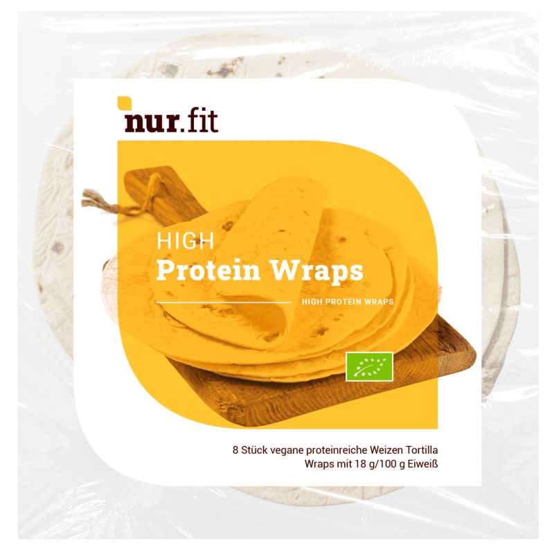 Rückseite der Verpackung von "nur.fit" Protein Wraps. Enthält Nährwertangaben, Zutatenliste und Mindesthaltbarkeitsdatum.