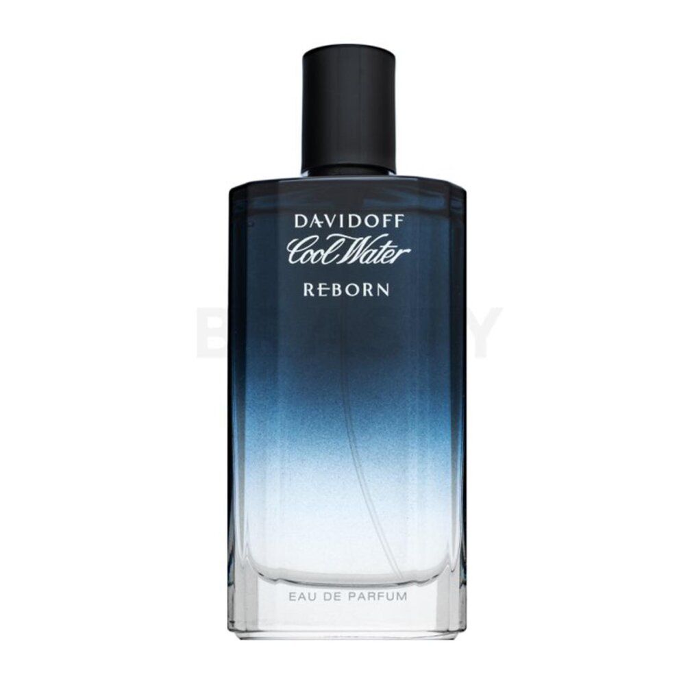 Davidoff Cool Water Reborn Flakon. Rechteckige Form, Farbverlauf von Blau nach transparent. Schwarzer Verschluss. Aufschrift.