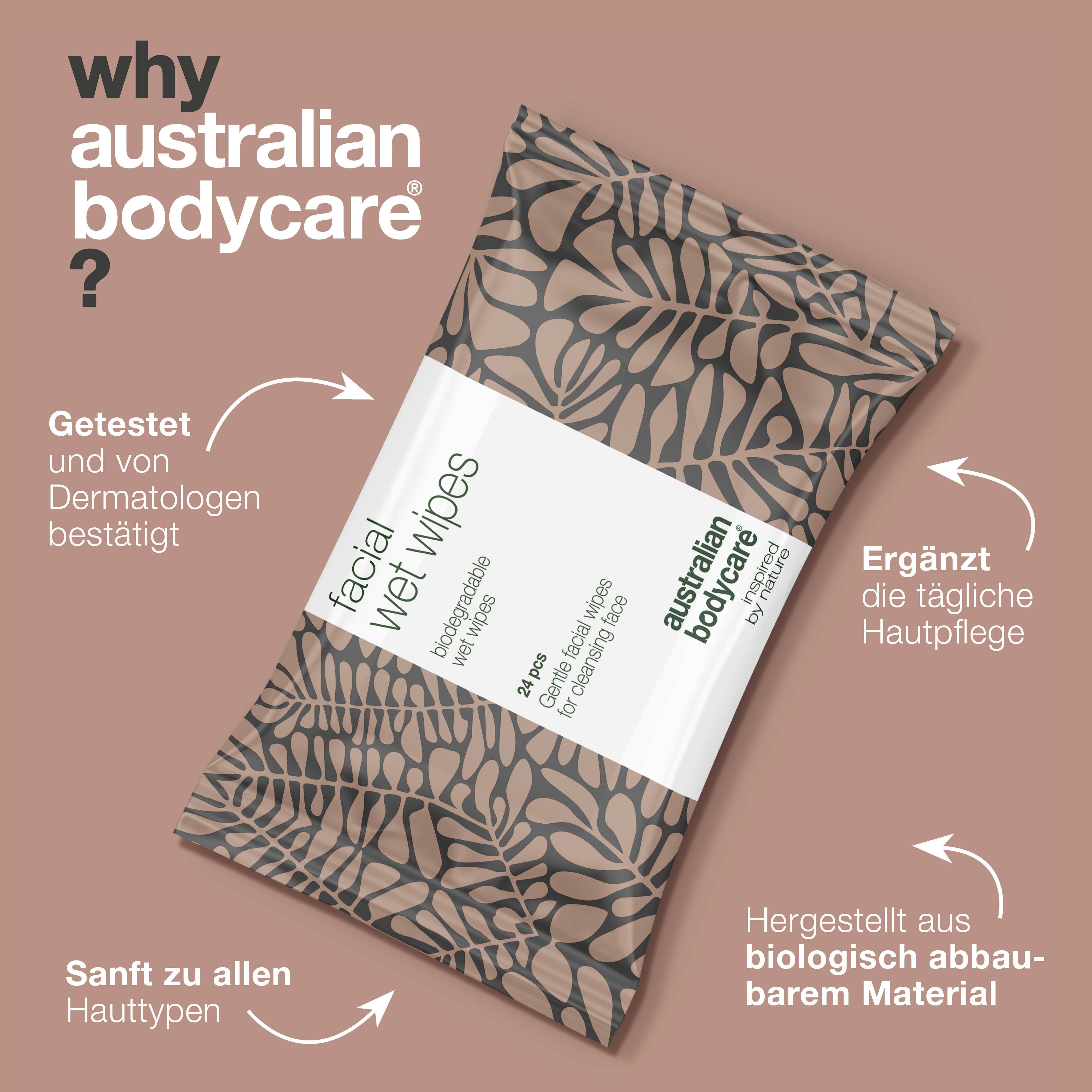 Verpackung mit Abschminktüchern von Australian Bodycare. 24 Stück. Getestet und von Dermatologen bestätigt.